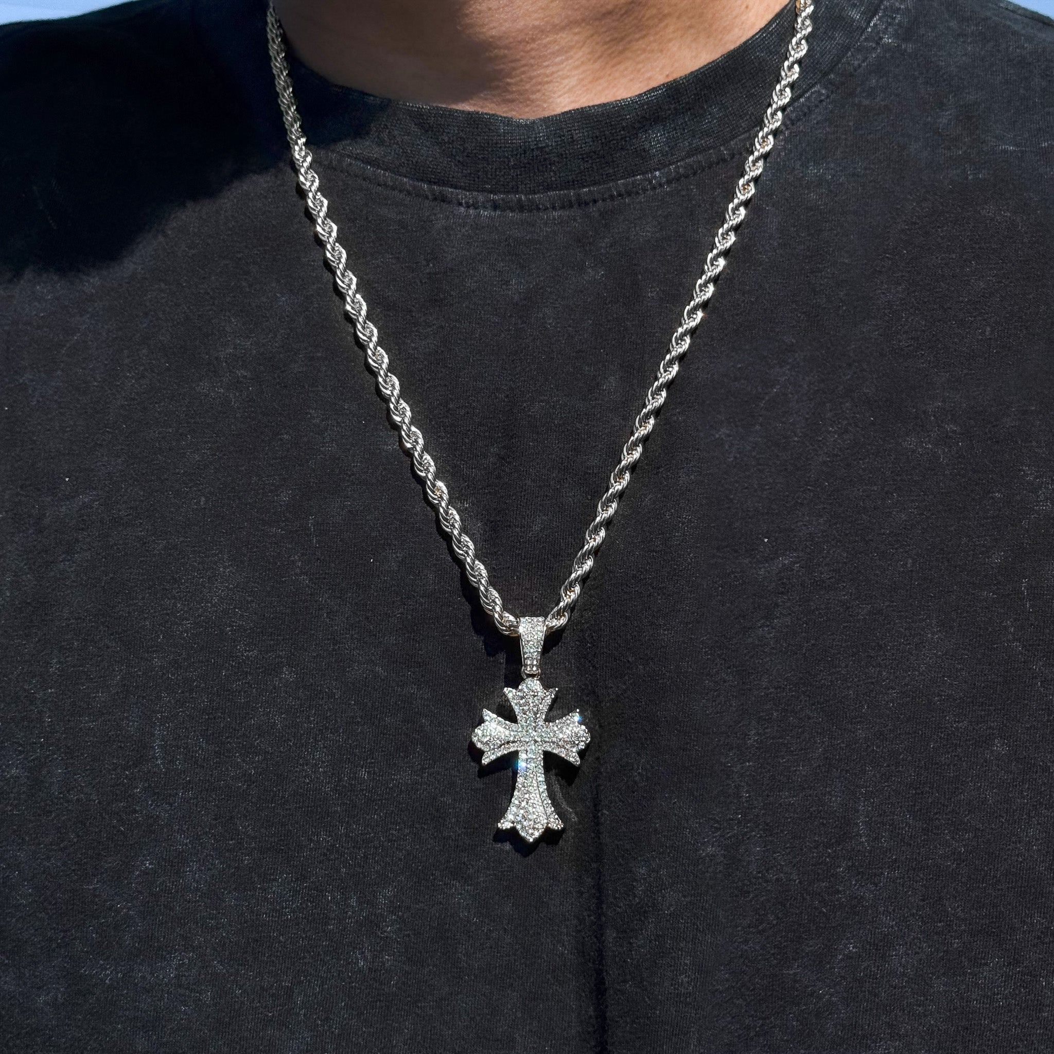 Men's Large 30mm Iced-Out Cross Pendant with 8mm Rope Chain