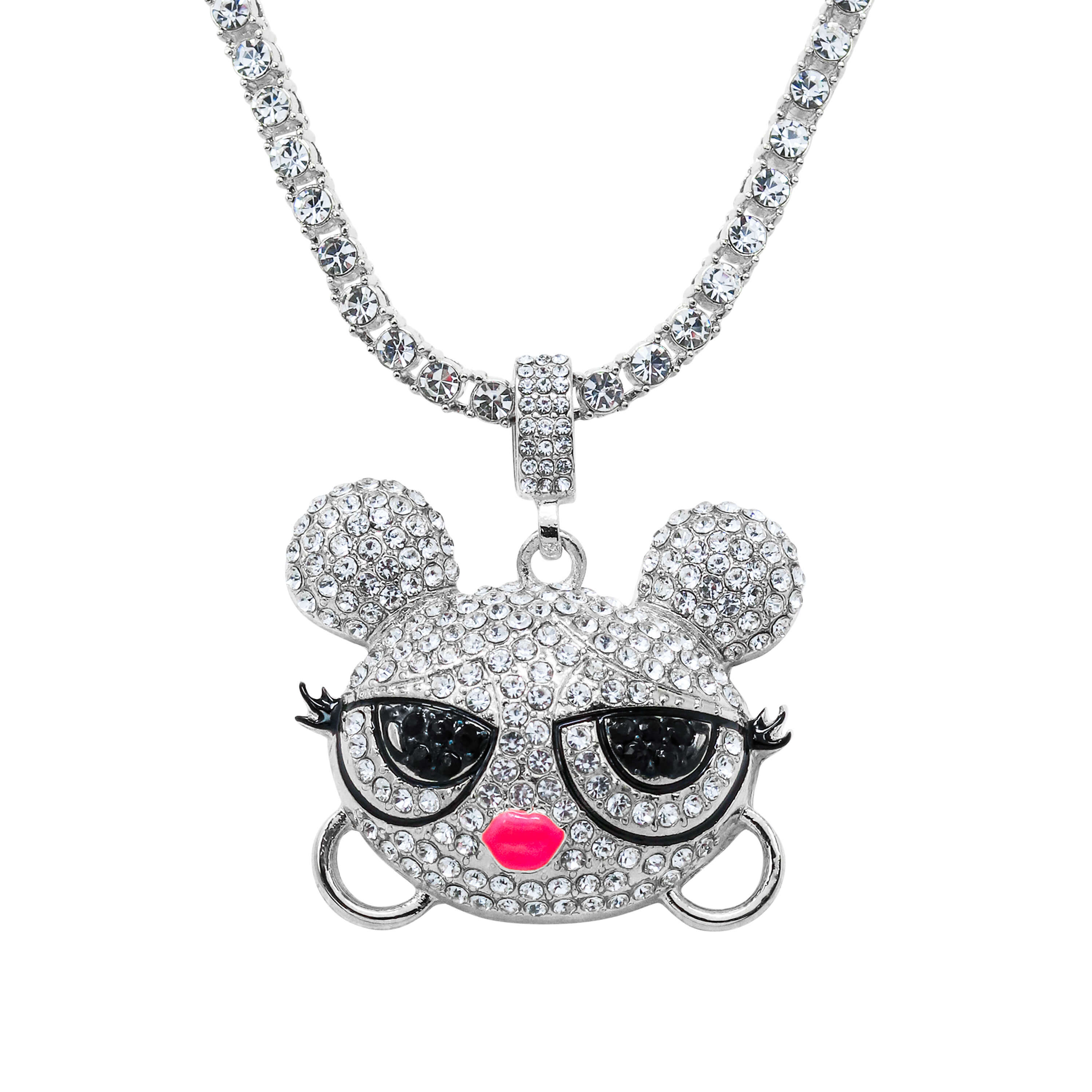Iced Out Baddie Doll Pendant with Tennis Chain in silver tone, iced CZ bear face design.