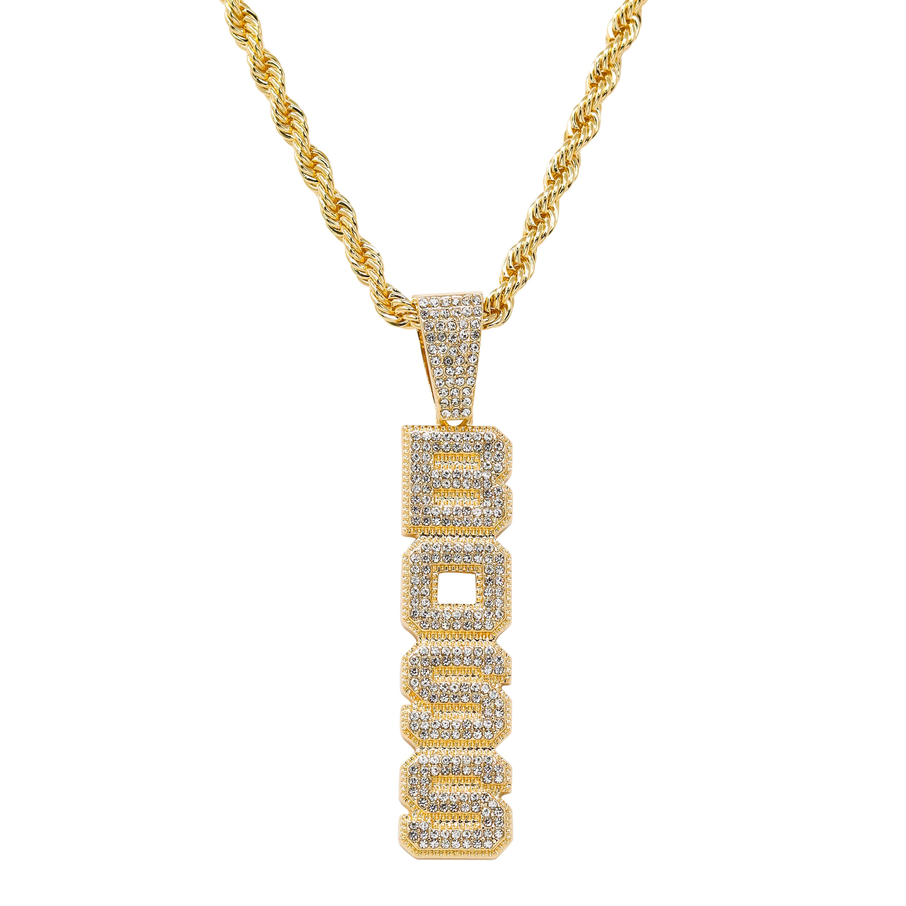 Iced out Vertical Boss Pendant in gold finish with diamond-style CZ letters on rope chain.