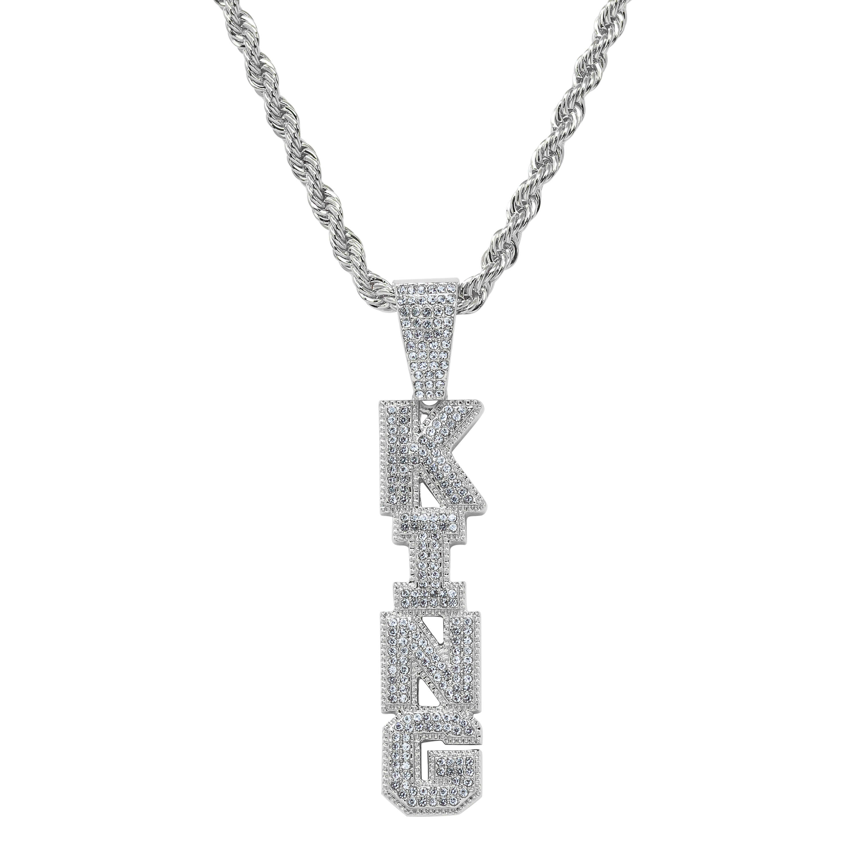 Iced out Vertical King Pendant in silver tone with diamond-style CZ letters on rope chain.