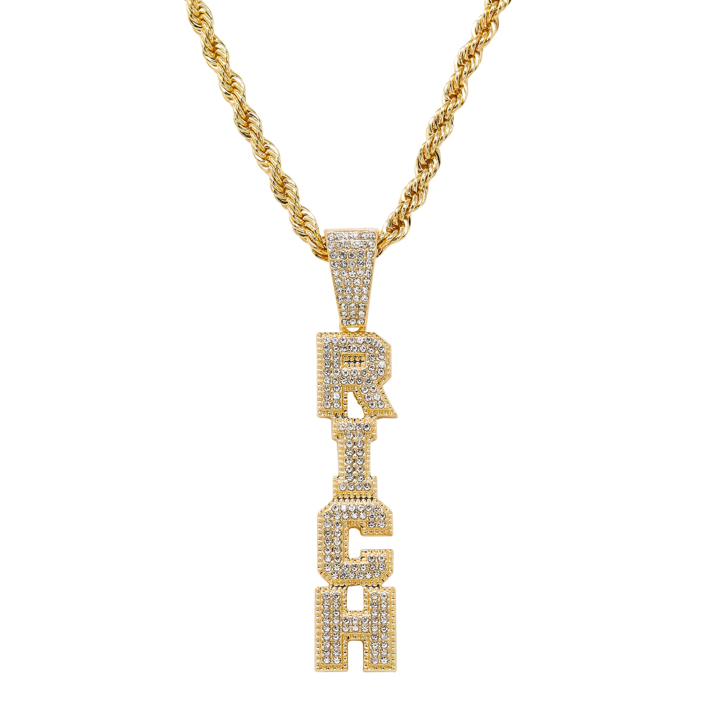 Iced out Vertical Rich Pendant in gold finish, CZ diamond-style letters on rope chain.