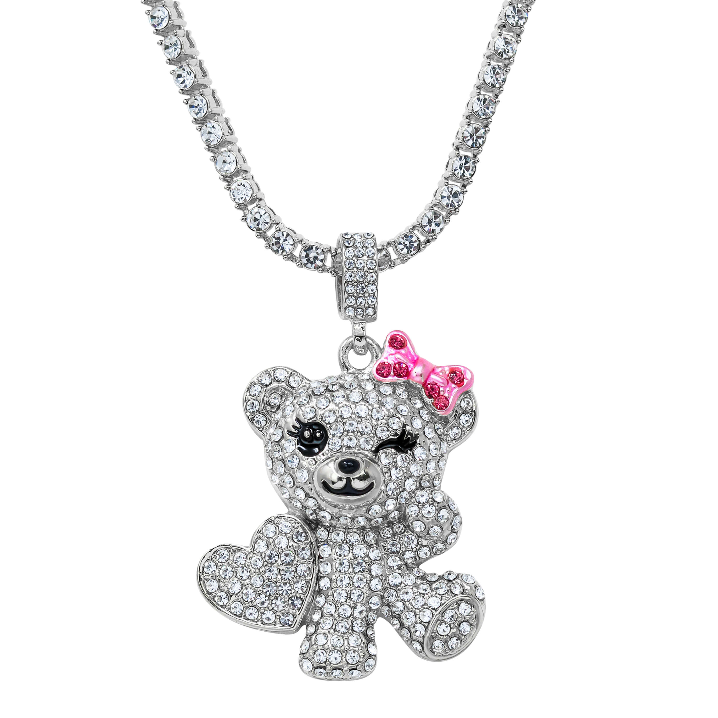 Iced Out Flirty Bear Pendant with tennis chain, silver finish, crystal bear holding heart.