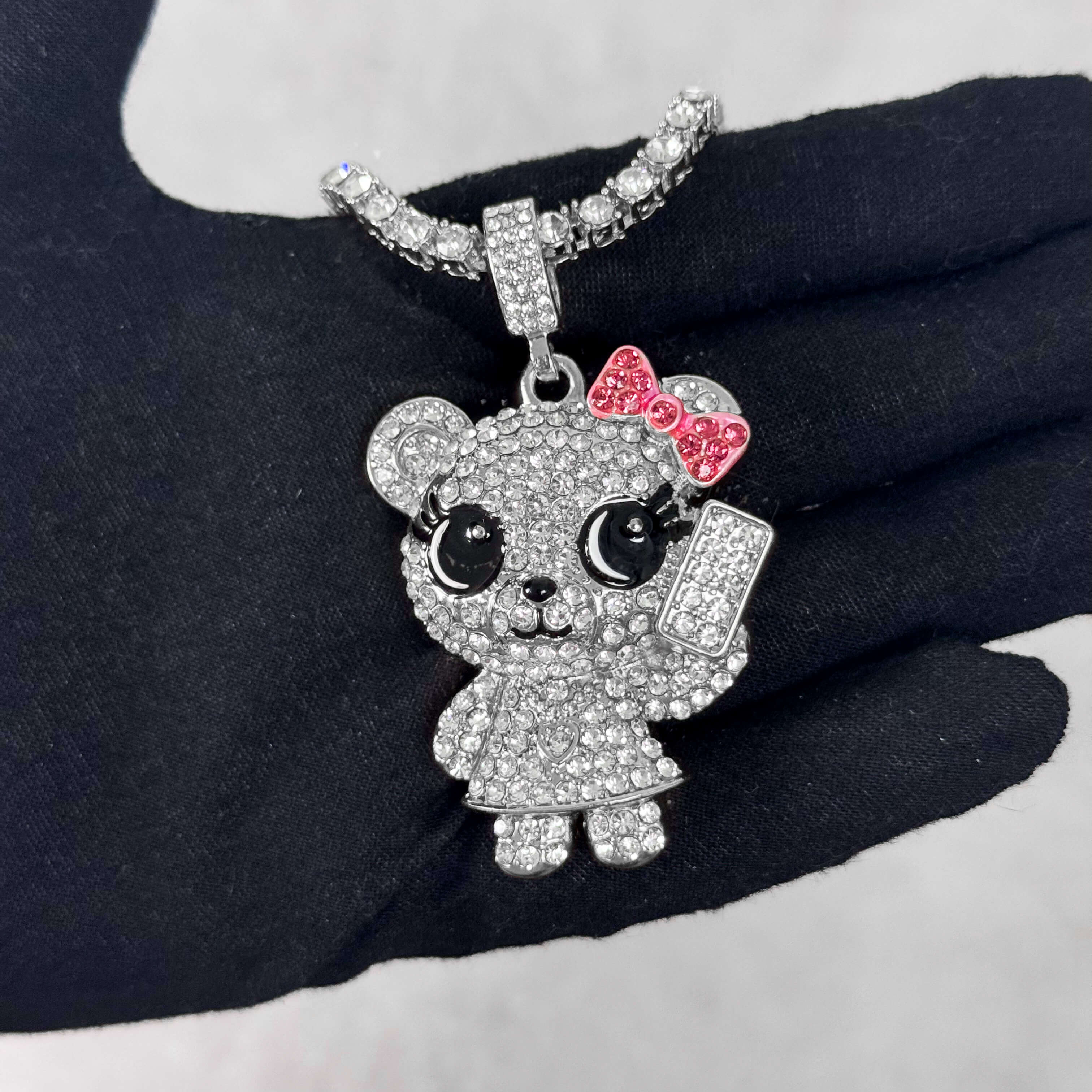 Silver Iced Out Call Me Bear Pendant with tennis chain, detailed crystal bear charm.