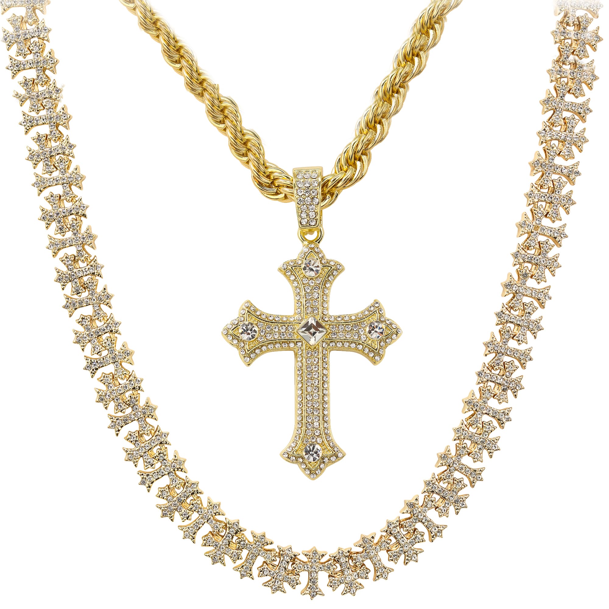 Men’s Iced Cross Pendant and Multi-Link Statement Chain Set
