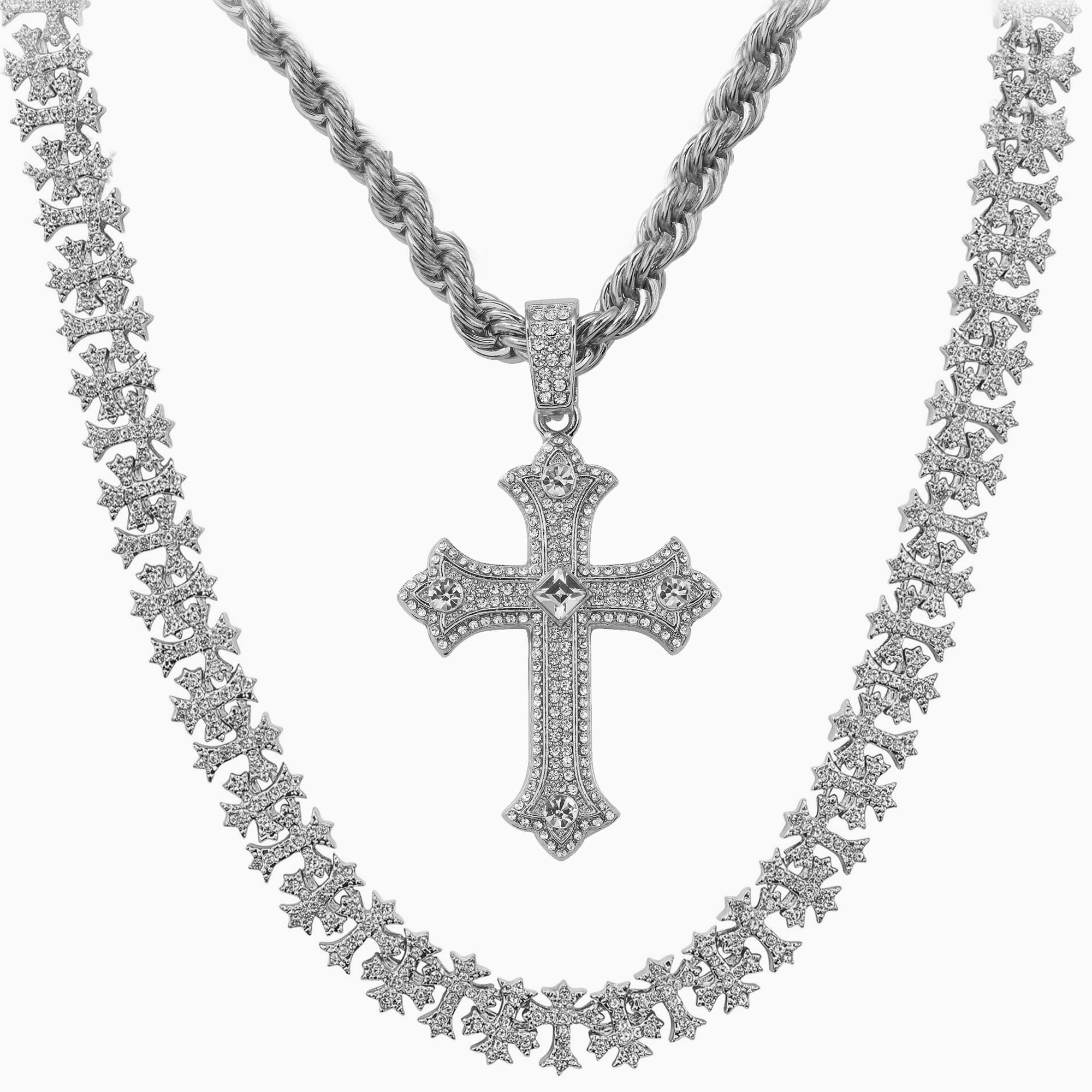 Men’s Iced Cross Pendant and Multi-Link Statement Chain Set