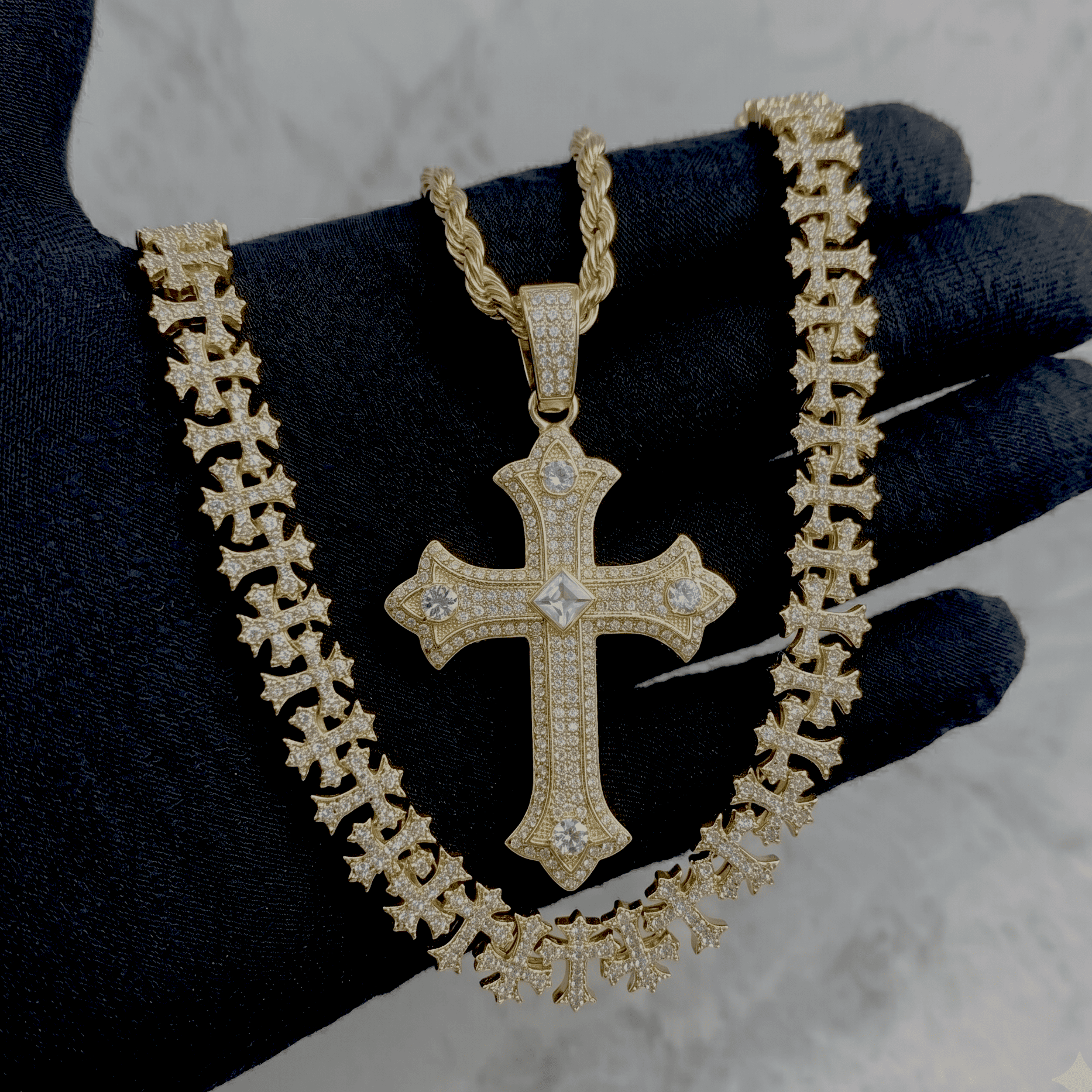 Men’s Iced Cross Pendant and Multi-Link Statement Chain Set