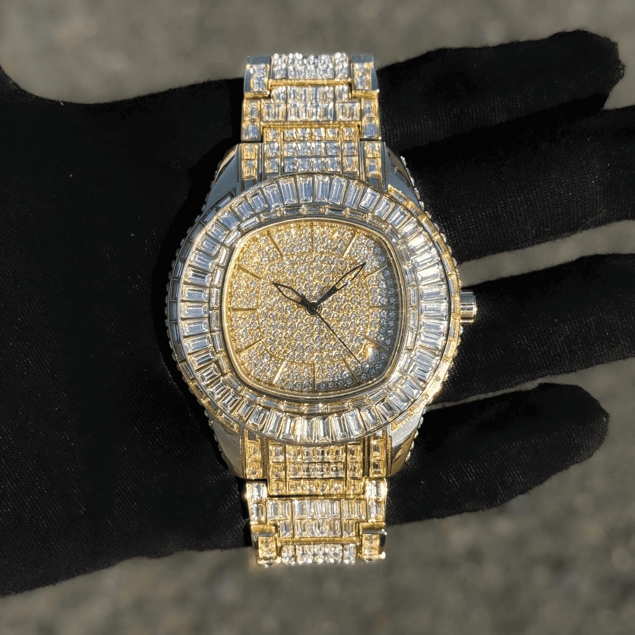 Gold Men’s 48mm Fully Iced Out Baguette Watch featuring pavé dial and luxury quartz design.