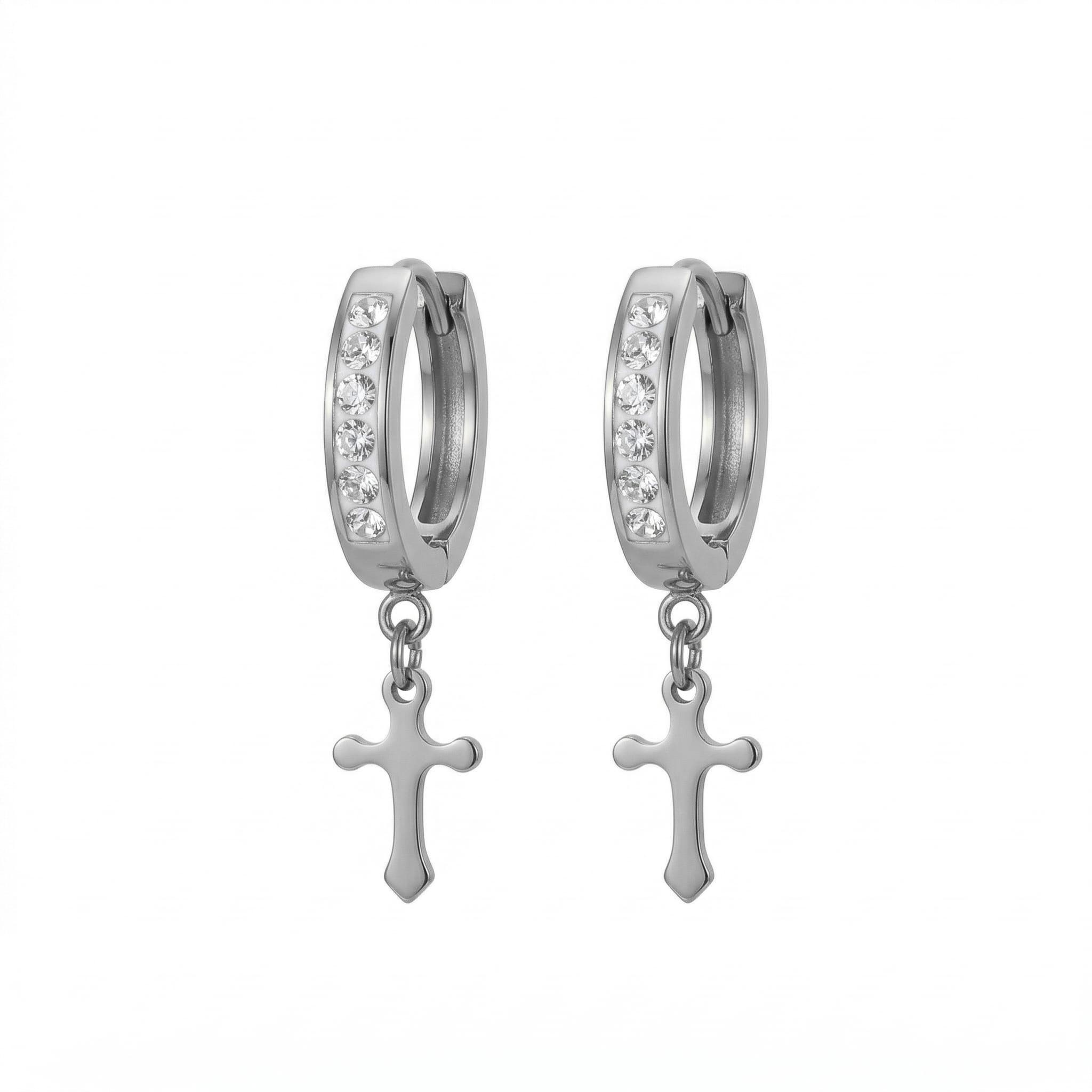 Stainless Steel Hanging Cross Huggie Earrings