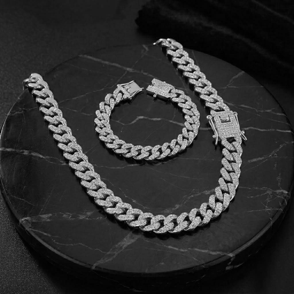 Men's 15mm Iced Out Cuban Link Chain & Bracelet Set
