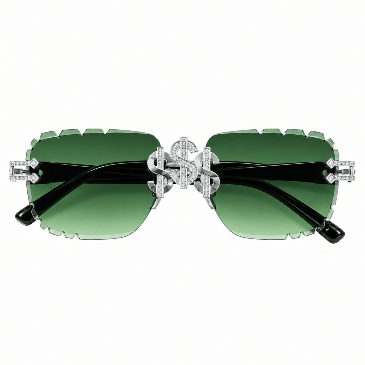 Iced Triple Dollar Sign Sunglasses - Green Lens