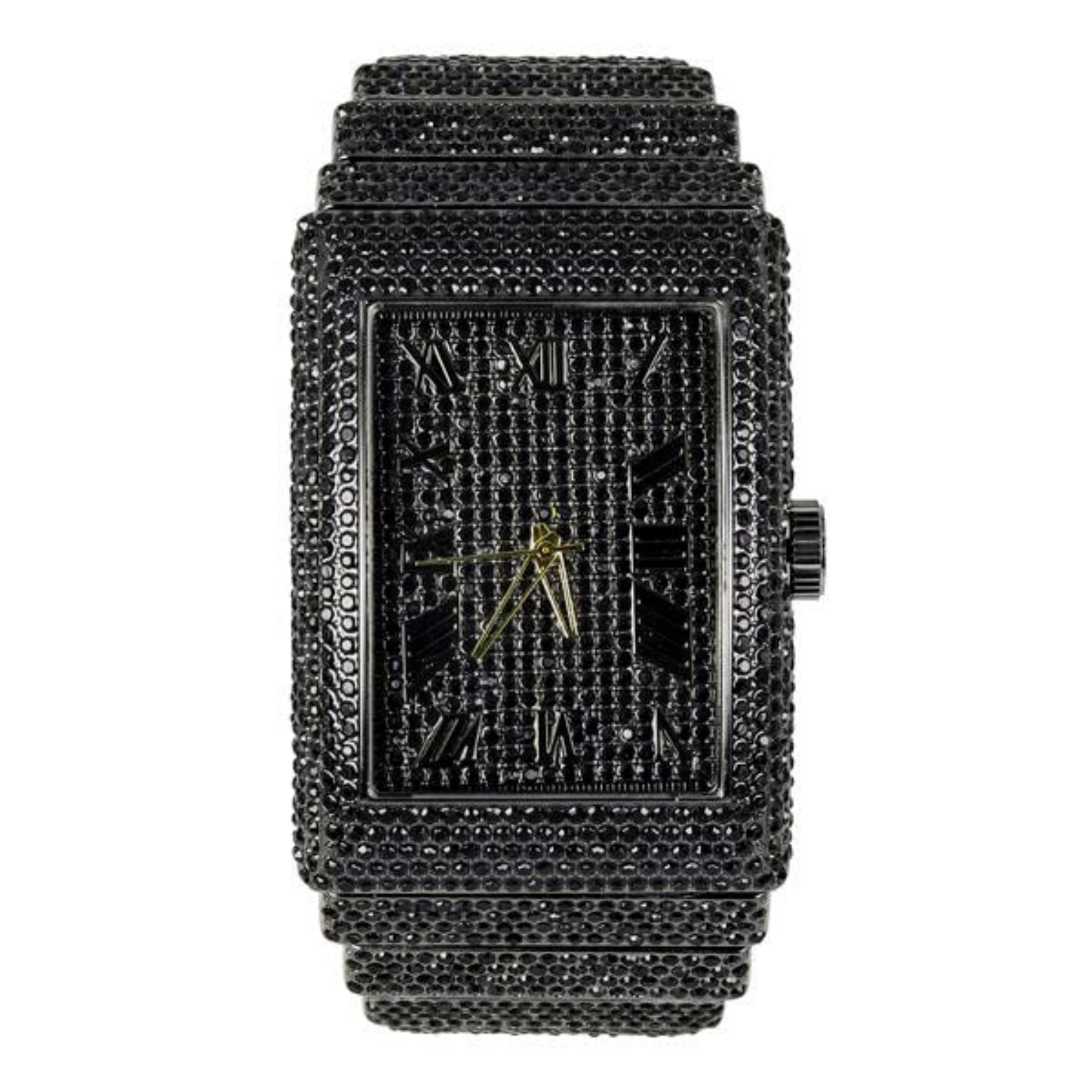 Black men’s 40mm fully iced diamond watch with rectangular dial and all-black crystal detailing.