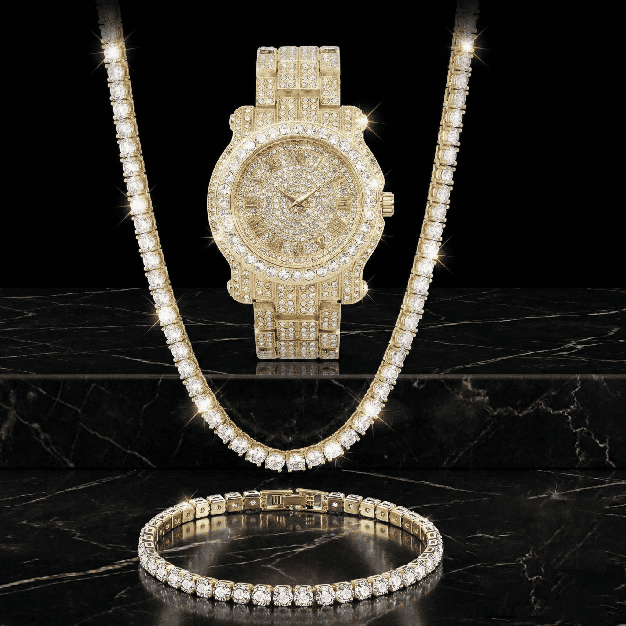 Men's 45mm Iced Out Roman Dial Watch, Tennis Chain & Bracelet Set