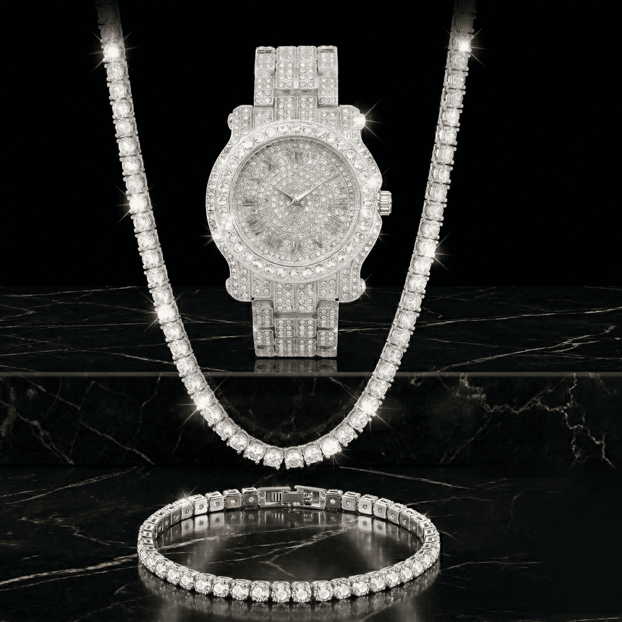 Men's 45mm Iced Out Roman Dial Watch, Tennis Chain & Bracelet Set