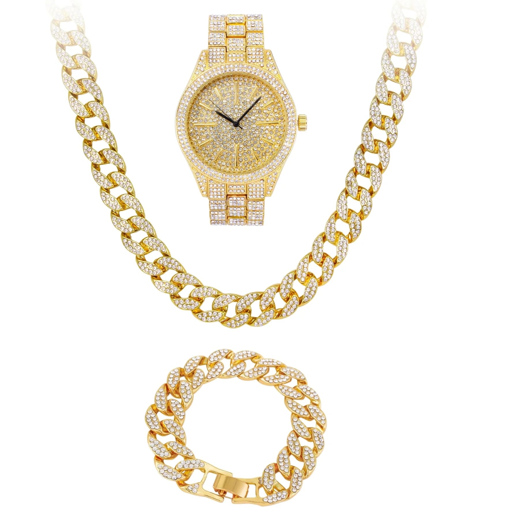 Men's 42mm Iced Out Round Dial Watch, Cuban Chain & Bracelet Set
