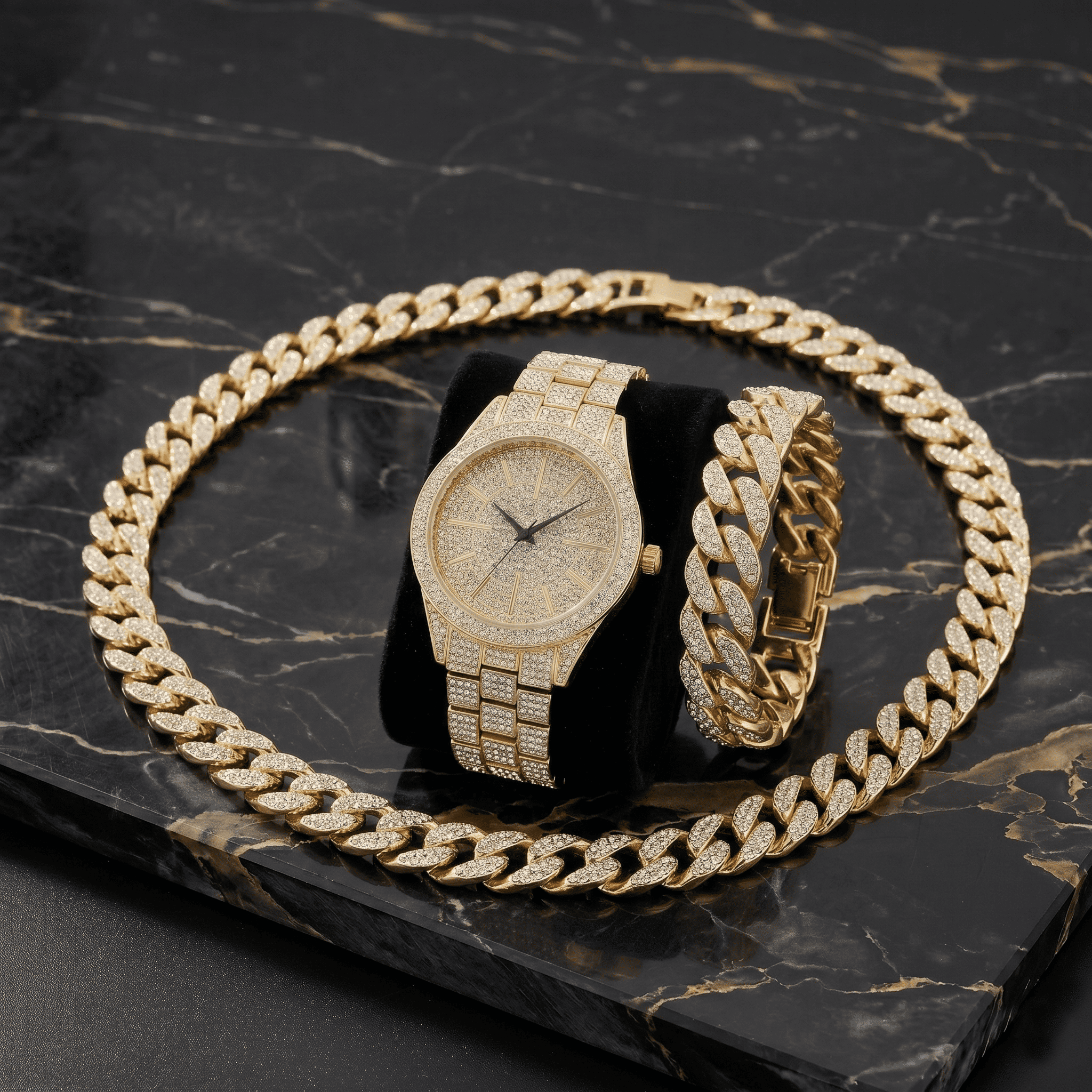 Men's 42mm Iced Out Round Dial Watch, Cuban Chain & Bracelet Set
