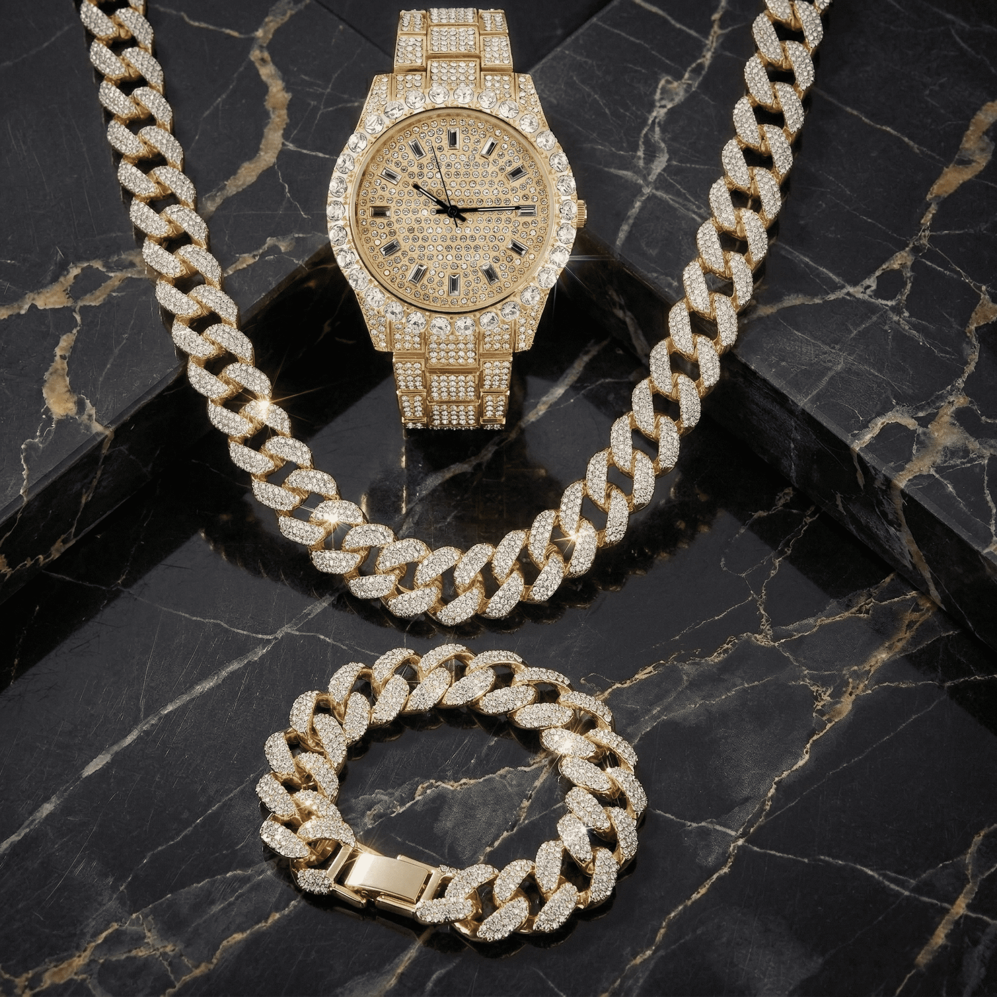 Men's 44mm Iced Out Baguette Watch, Cuban Chain & Bracelet Set