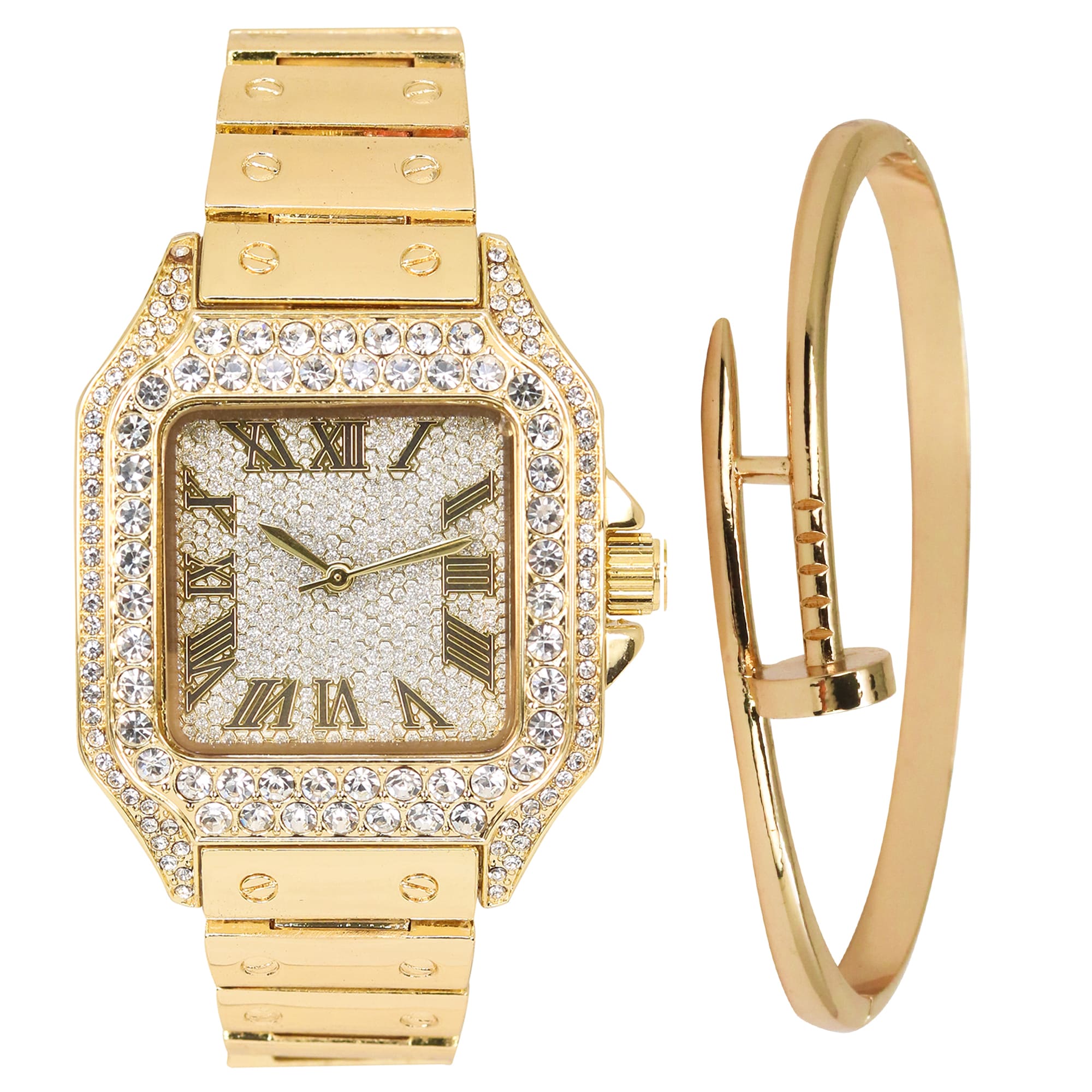 40mm Iced Square Watch and Nail Bangle Set