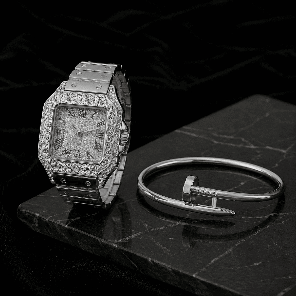 40mm Iced Square Watch and Nail Bangle Set