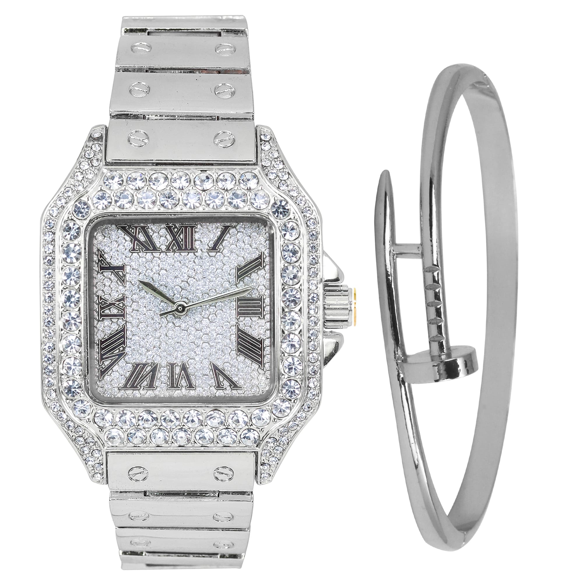 40mm Iced Square Watch and Nail Bangle Set