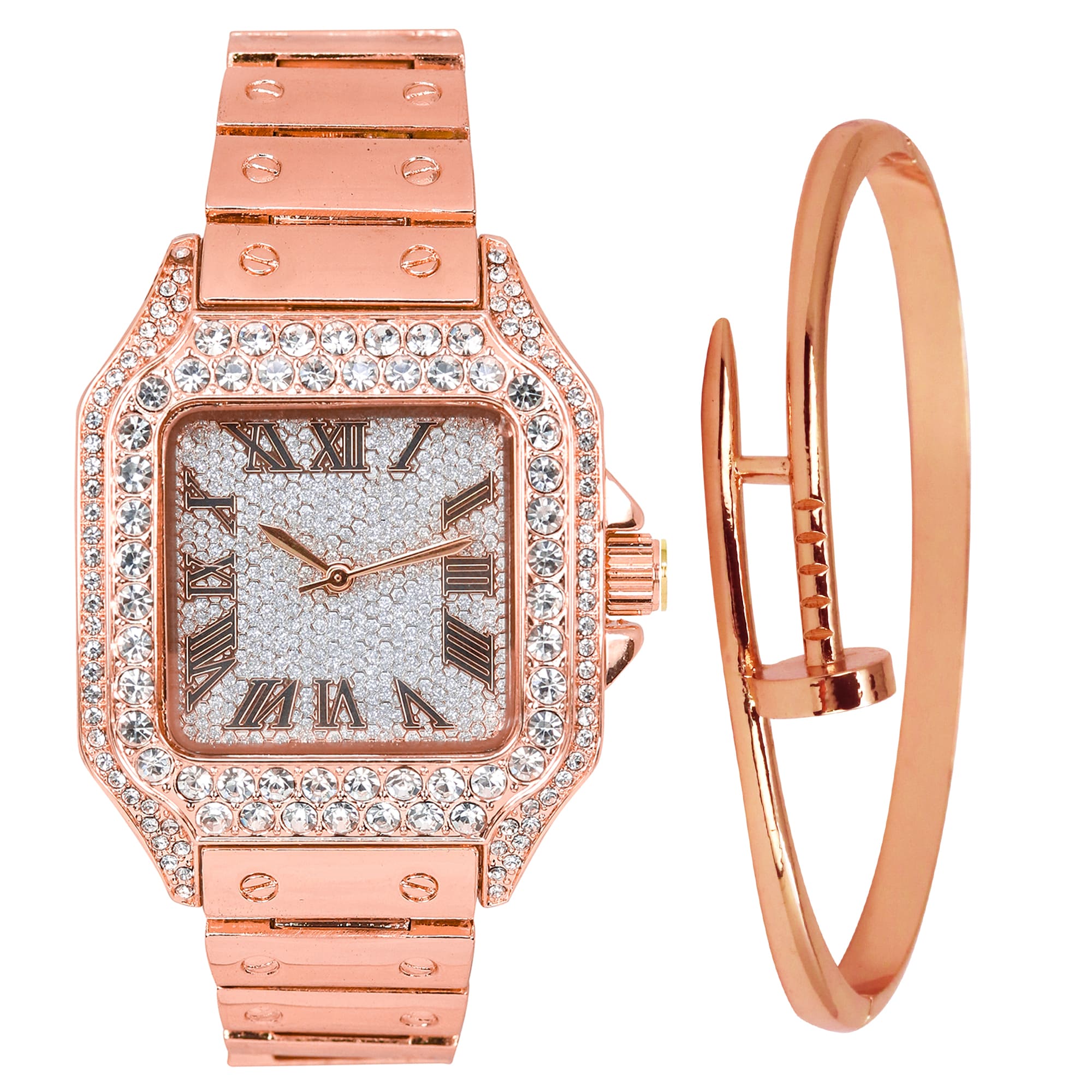 40mm Iced Square Watch and Nail Bangle Set