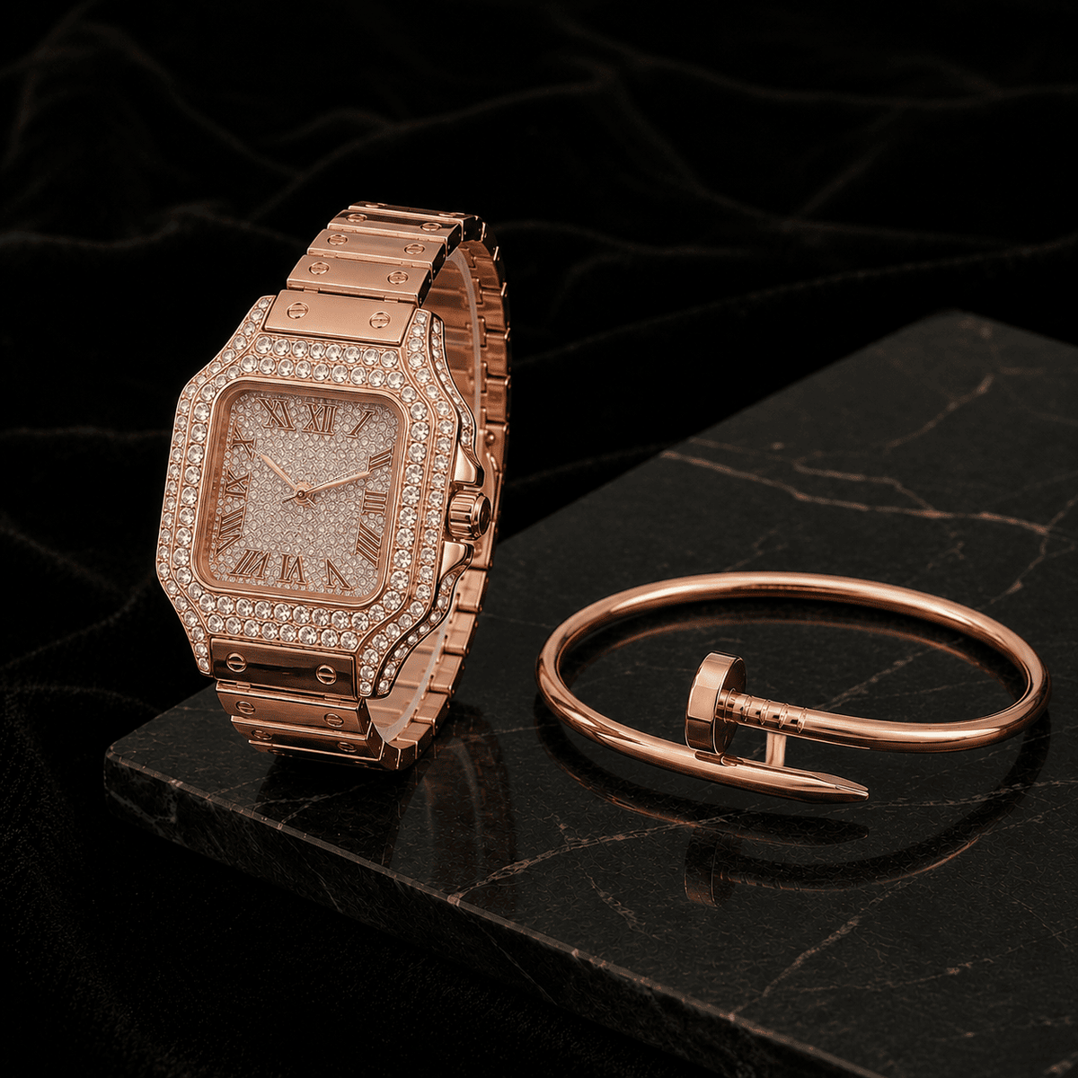 40mm Iced Square Watch and Nail Bangle Set