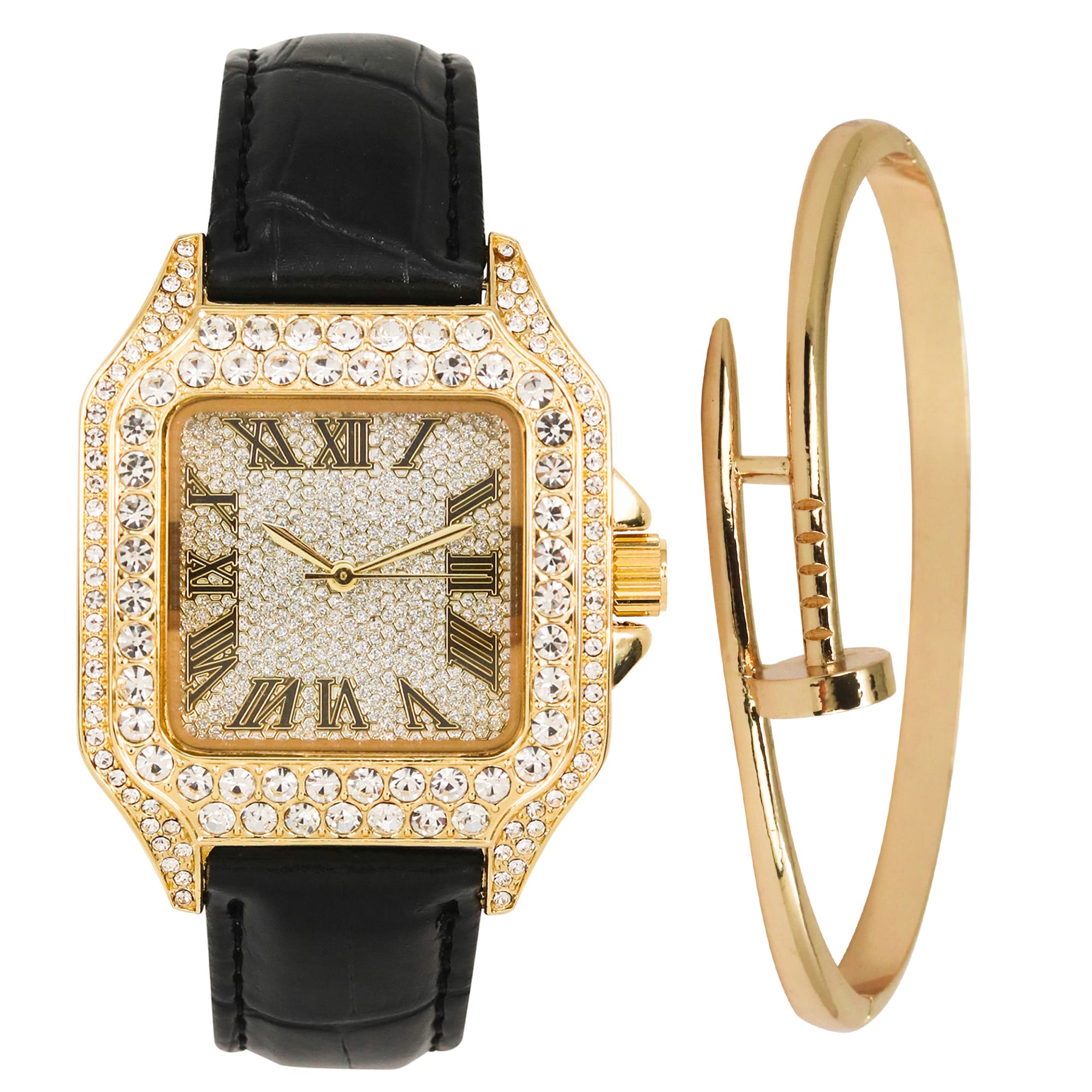 32mm Iced Square Watch and Nail Bangle Set