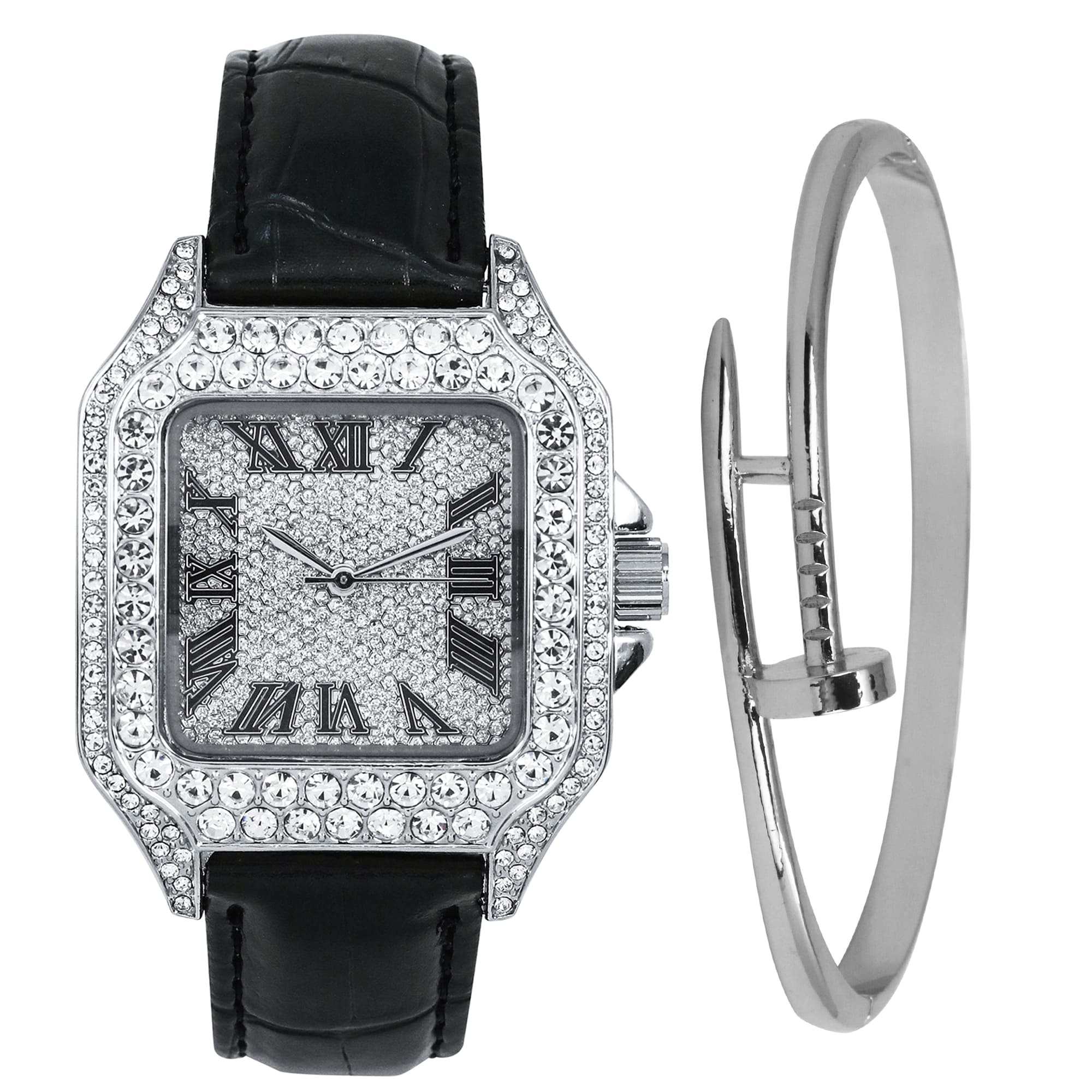 32mm Iced Square Watch and Nail Bangle Set