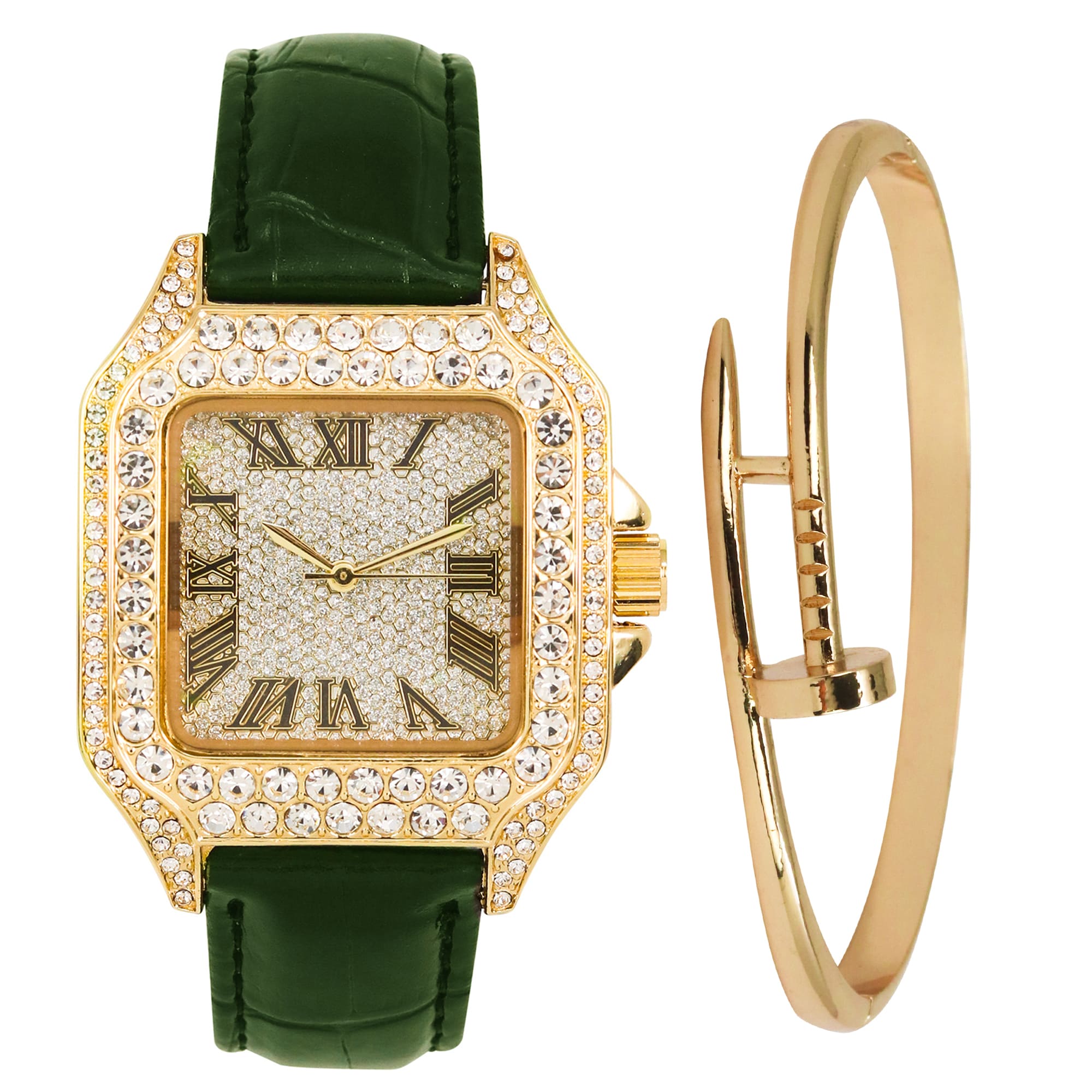 32mm Iced Square Watch and Nail Bangle Set