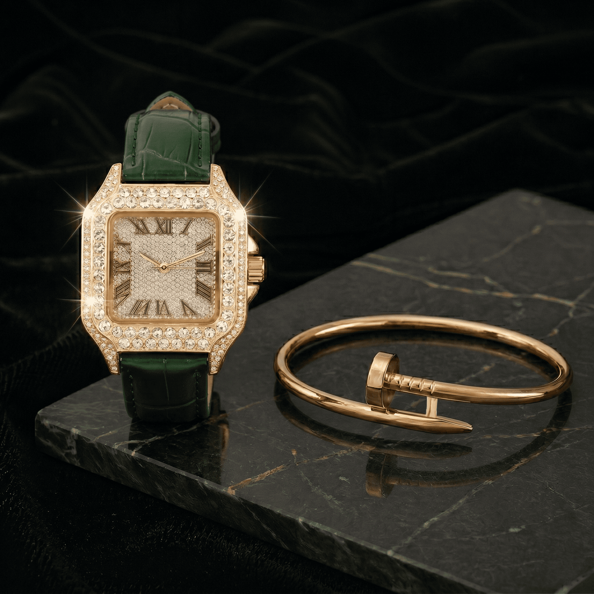 32mm Iced Square Watch and Nail Bangle Set