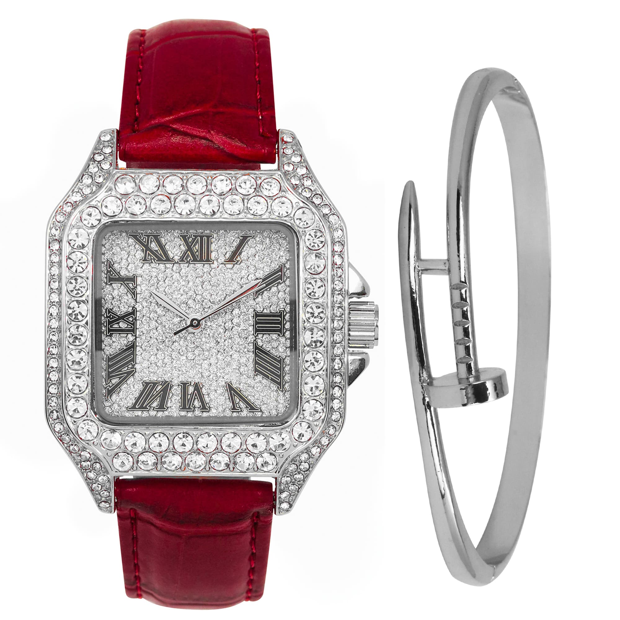 32mm Iced Square Watch and Nail Bangle Set