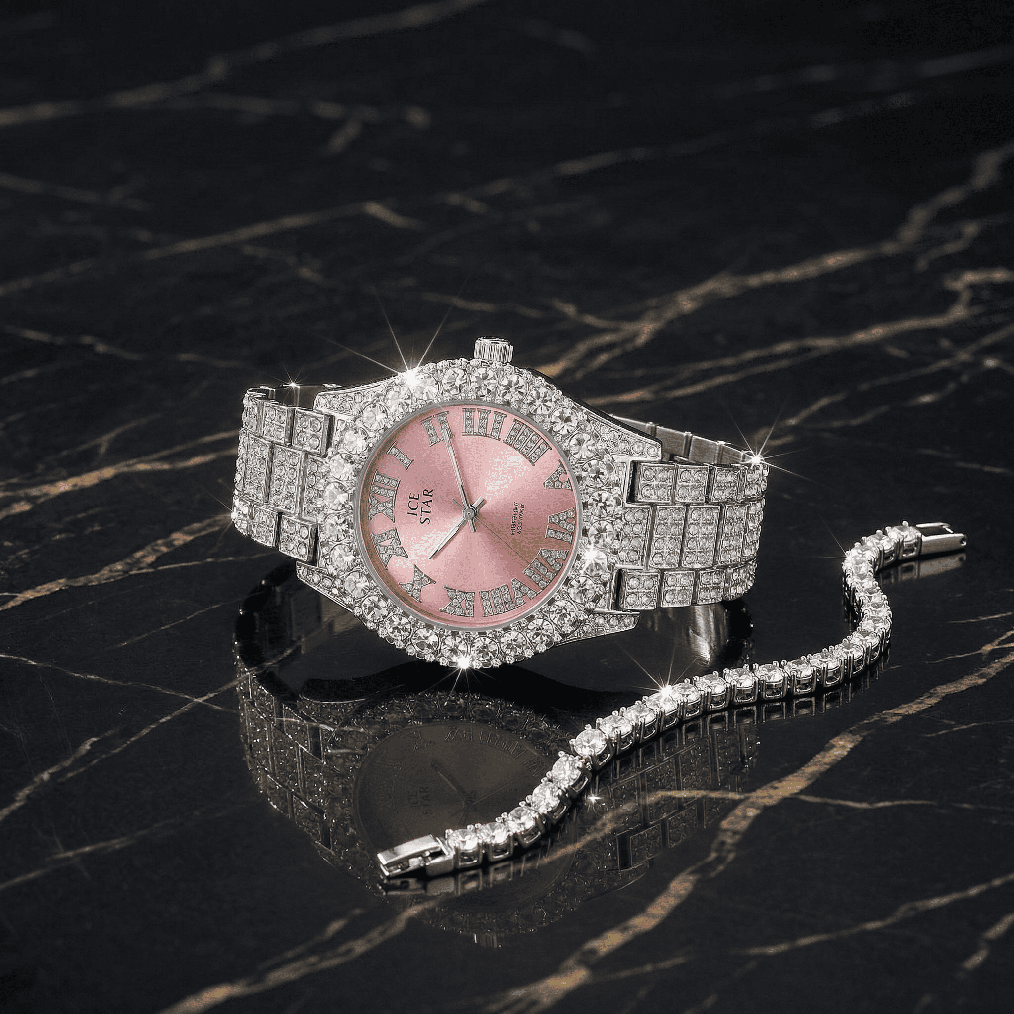 Women's 44mm Iced Out Solitaire Bezel Watch & Tennis Bracelet Set
