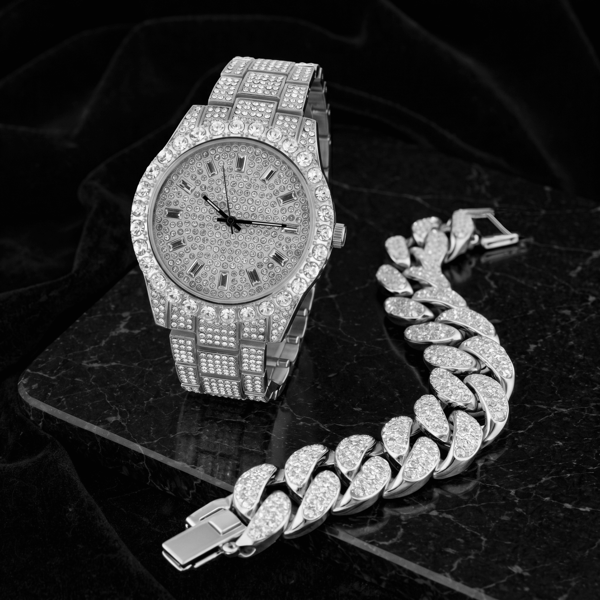 Men's 44mm Iced Out Baguette Watch & Cuban Bracelet Set
