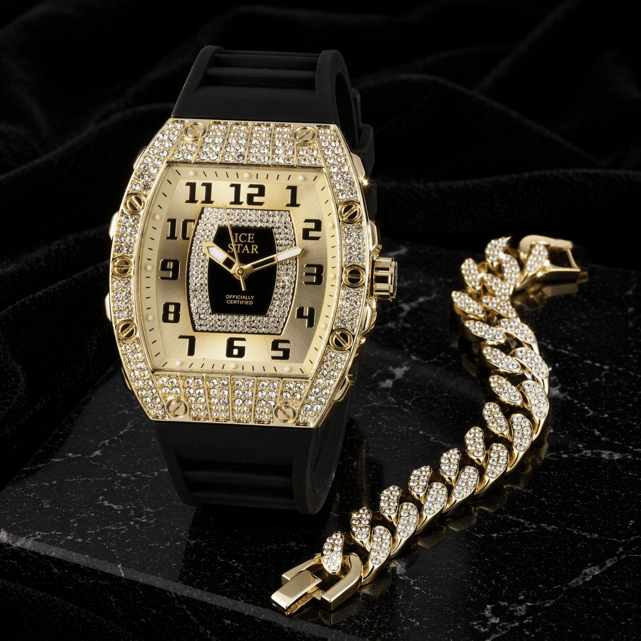 Men’s 41mm Iced Out Tonneau Watch and Cuban Bracelet Set