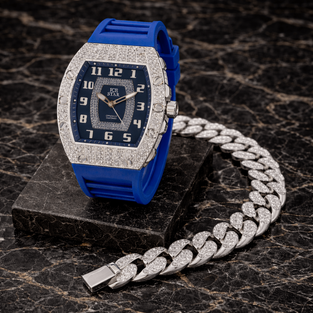 Men’s 41mm Iced Out Tonneau Watch and Cuban Bracelet Set