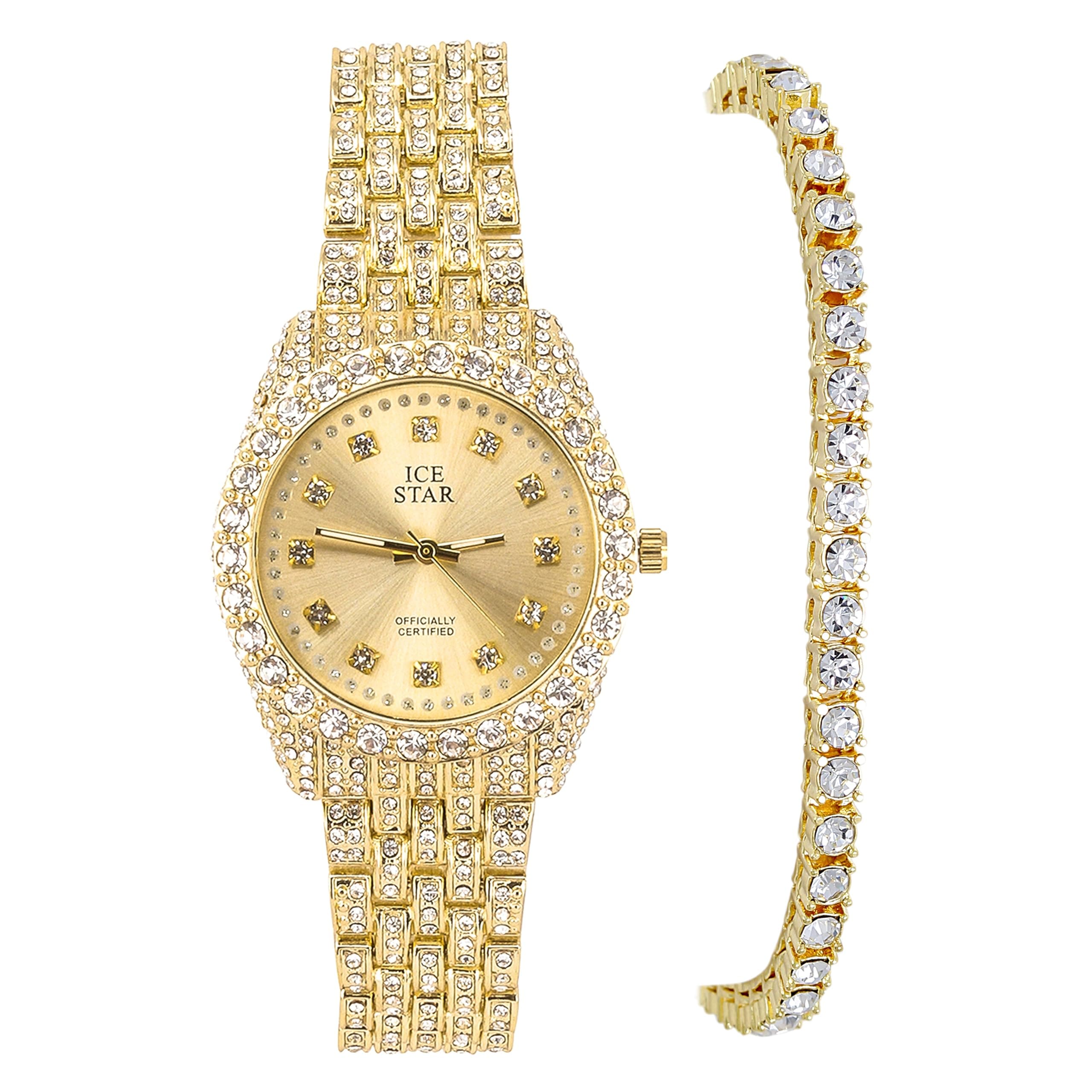 Women's 32mm Iced Out Round Watch and Tennis Bracelet Set