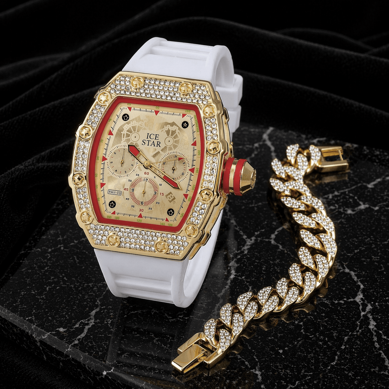 Men's 45mm Iced Out Tonneau Watch and Cuban Bracelet Set