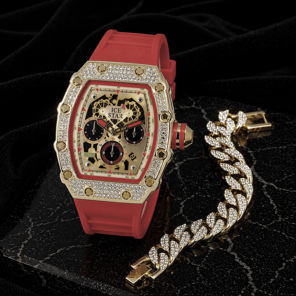Men's 45mm Iced Out Tonneau Watch and Cuban Bracelet Set