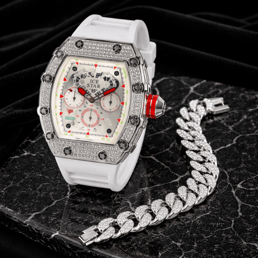 Men's 45mm Iced Out Tonneau Watch and Cuban Bracelet Set