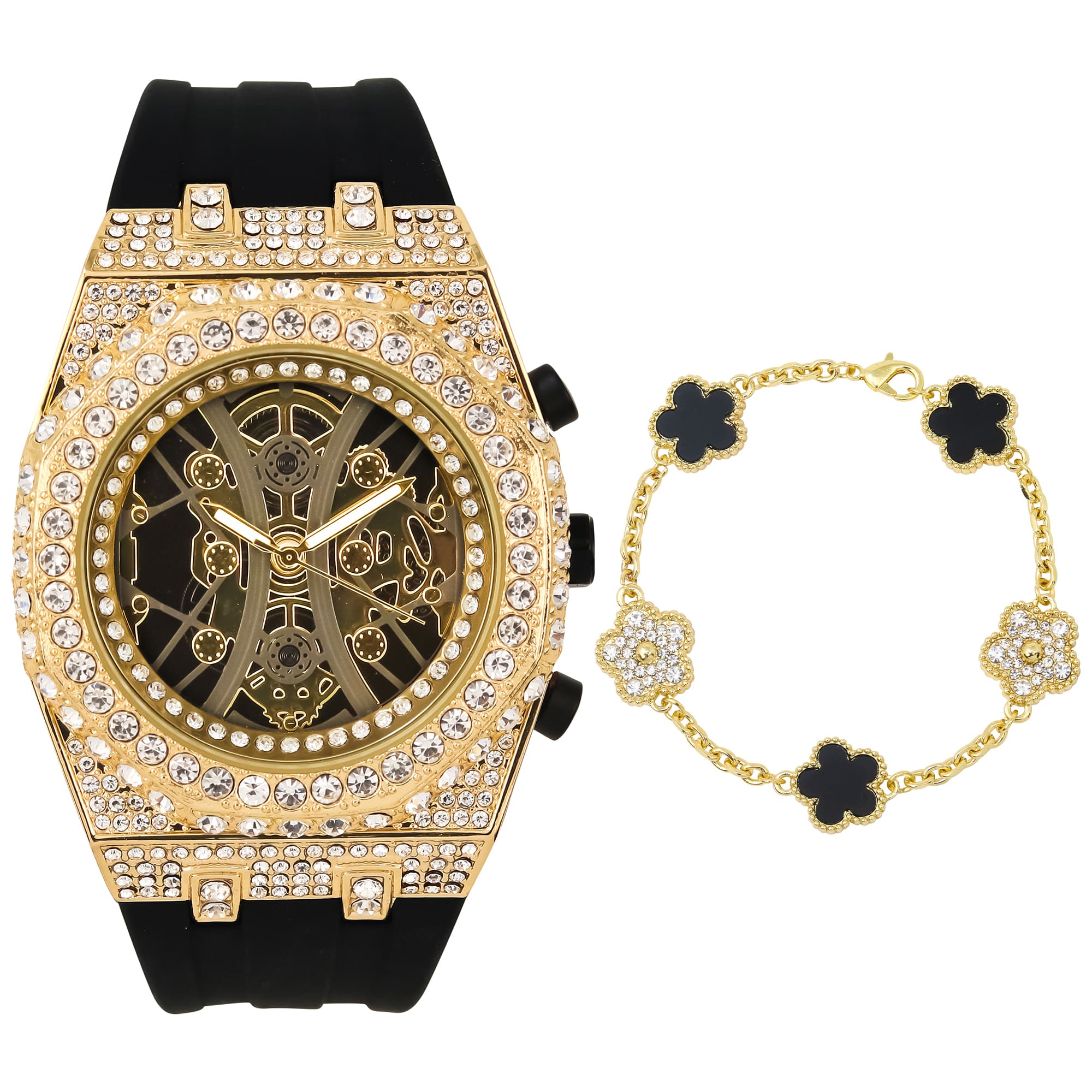 Men’s Iced-Out Watch and Clover Link Bracelet Set