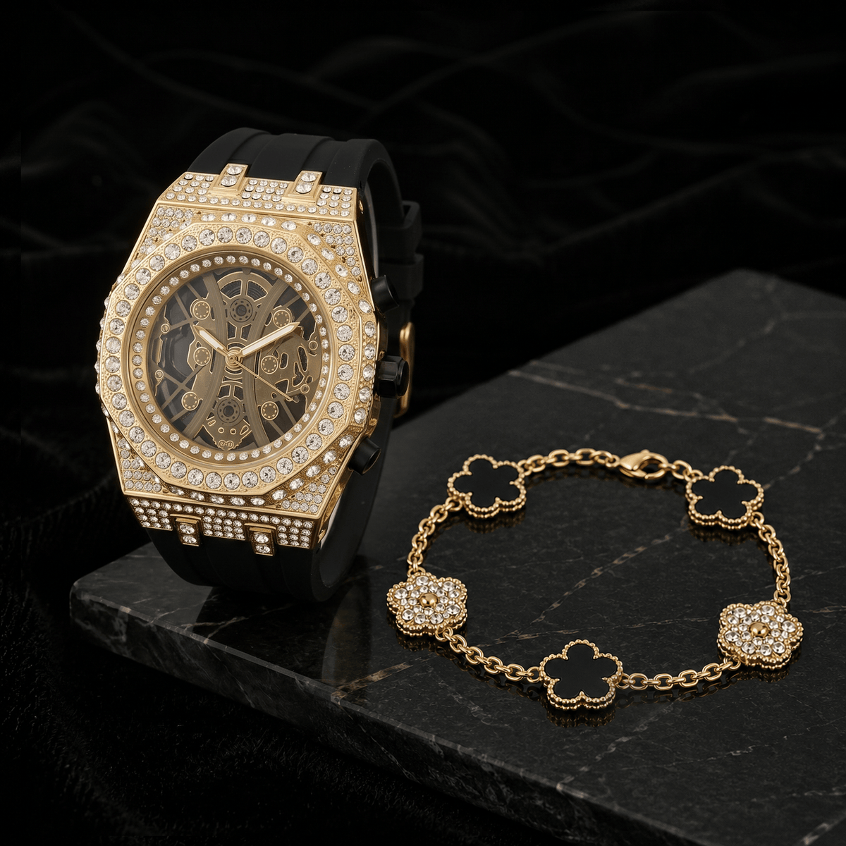 Men’s Iced-Out Watch and Clover Link Bracelet Set