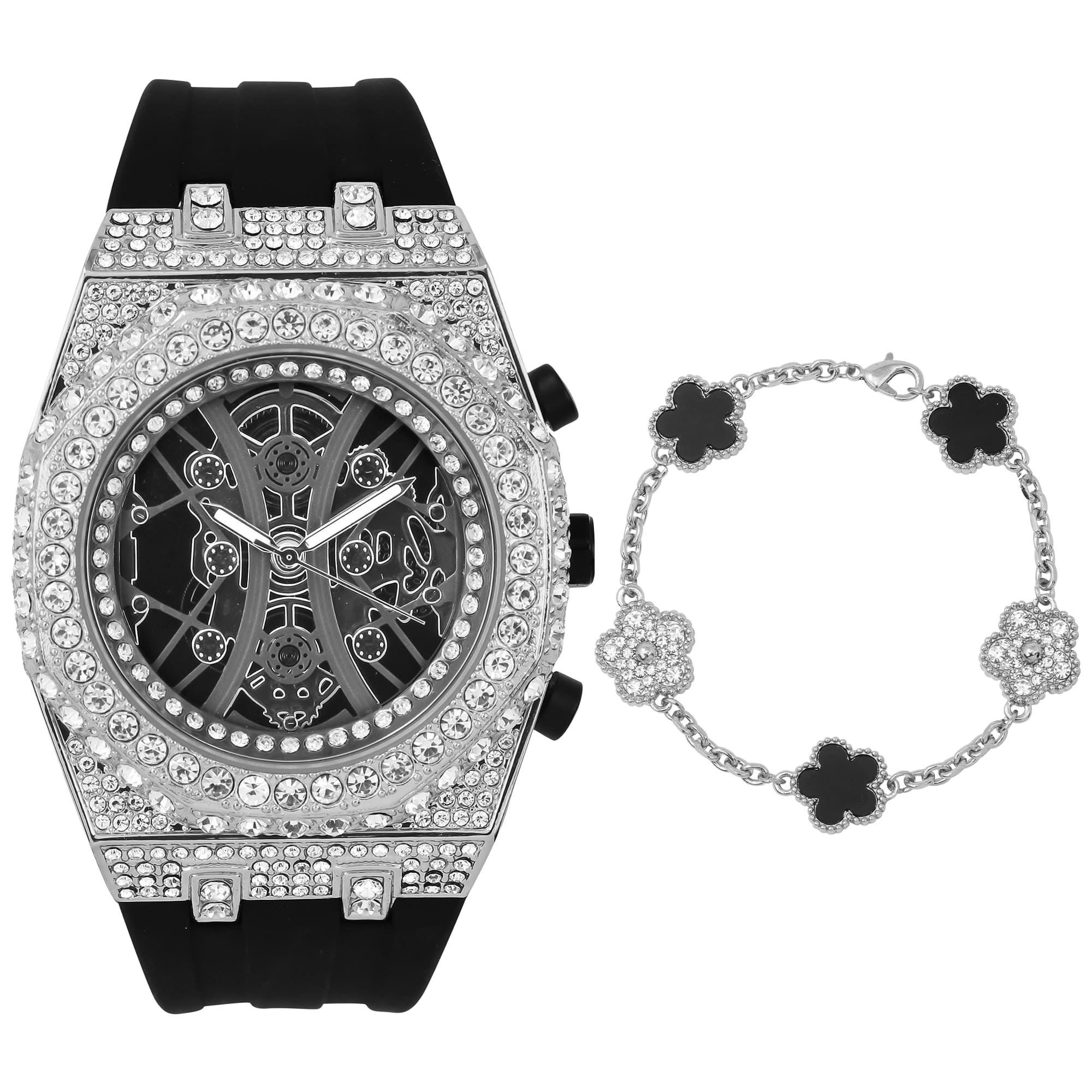 Men’s Iced-Out Watch and Clover Link Bracelet Set