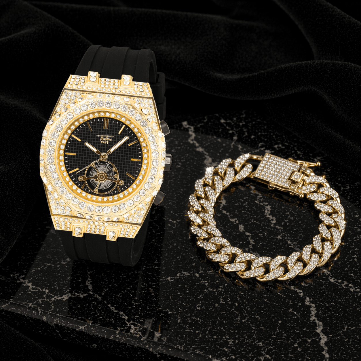 Men's 43mm Iced Out Octagon Watch and Cuban Bracelet Set