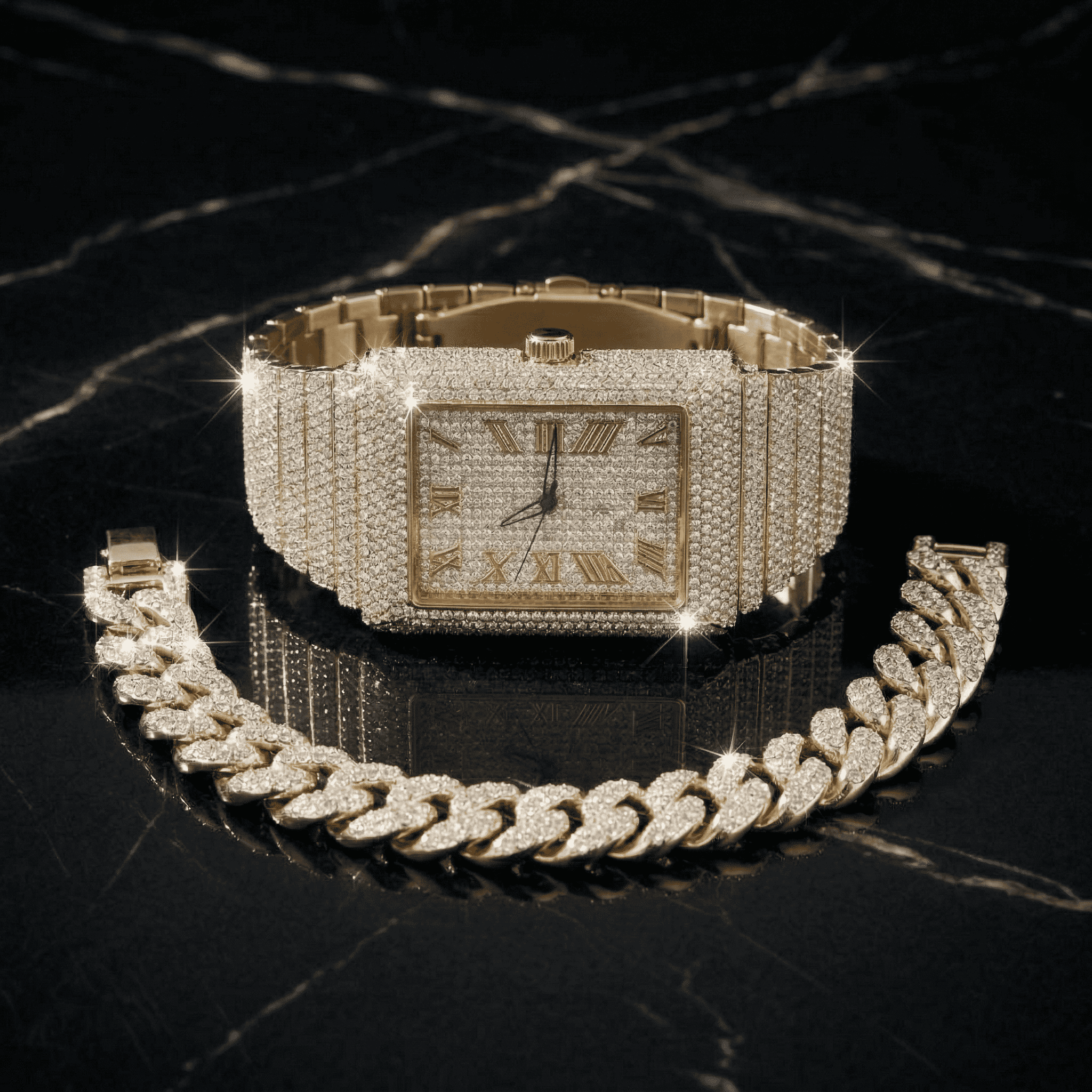 Men's 40mm Iced Out Rectangle Watch and Cuban Bracelet Set
