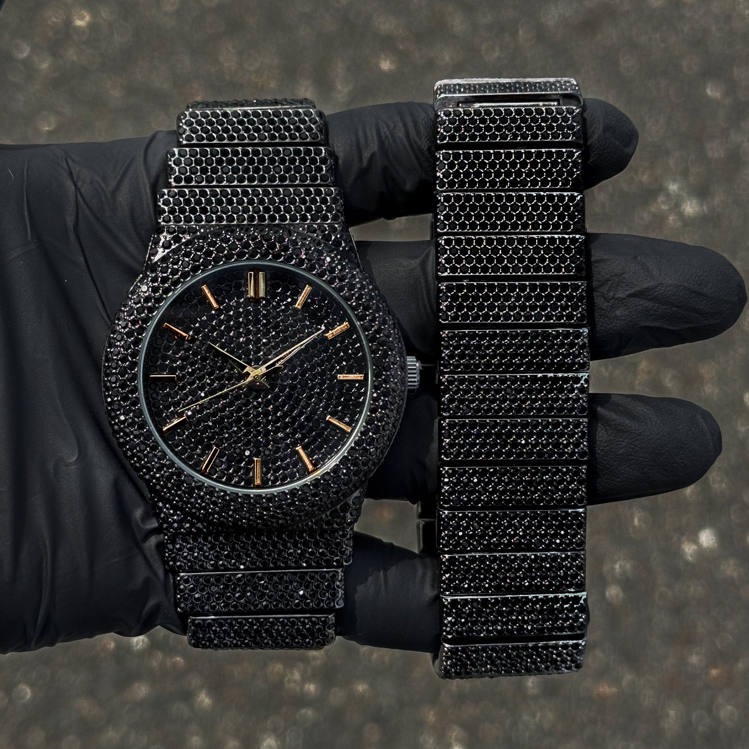 Black Men's 46mm Luxury Diamond Watch & Bracelet Set with black stones and gold markers.