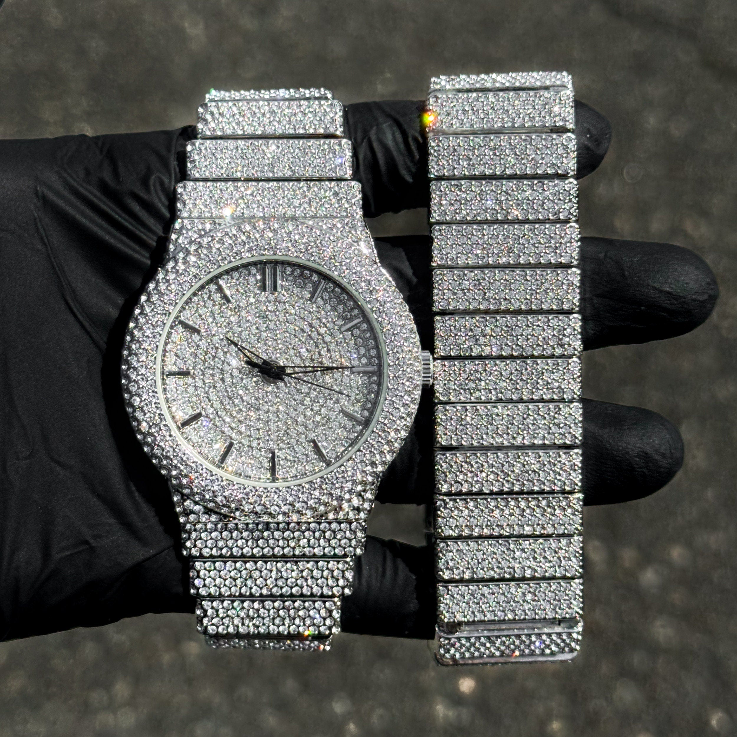Men's 46mm Luxury Diamond Watch & Bracelet Set in silver with full crystal-paved design.