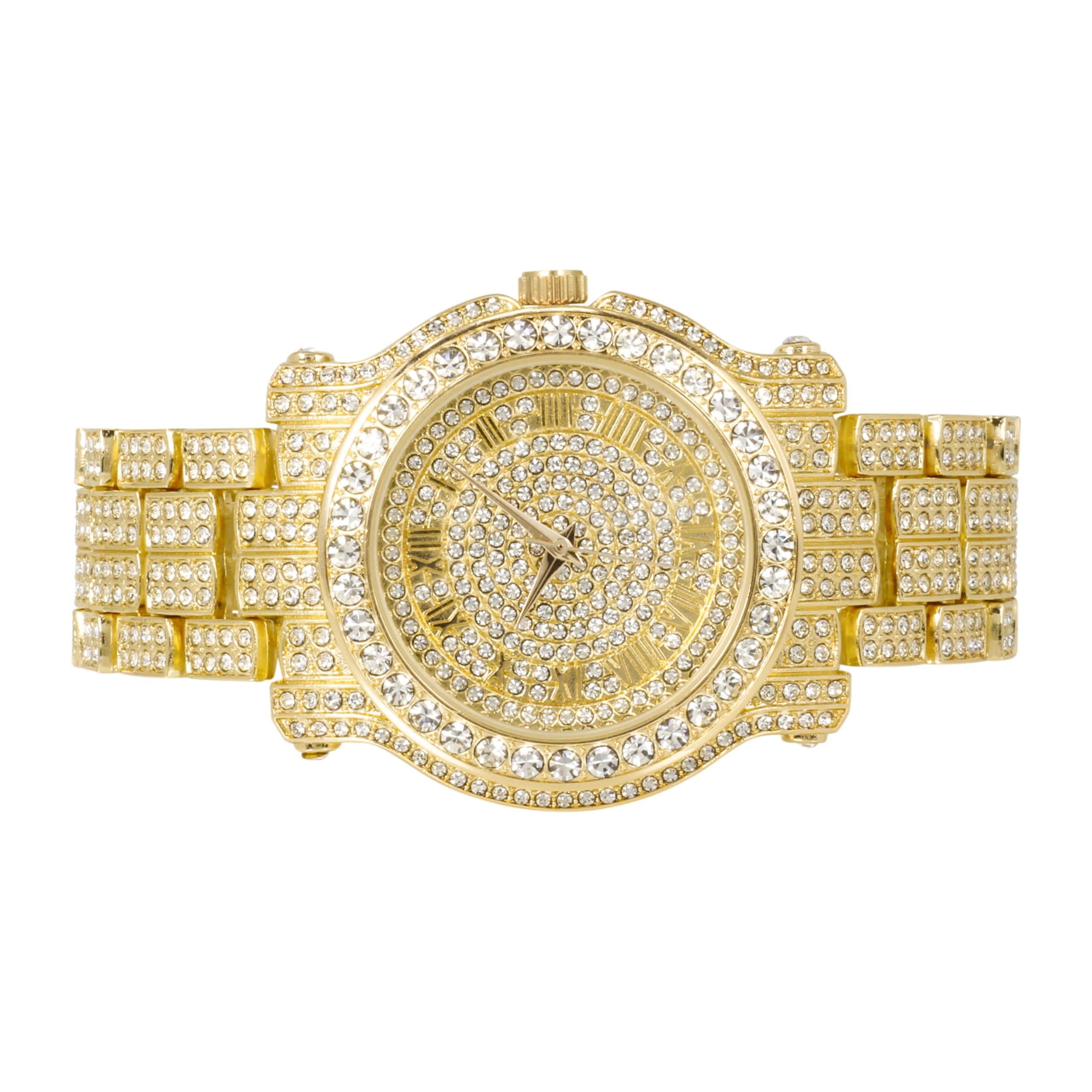 Men's 45mm Iced Out Roman Dial Watch and Cuban Chain Set
