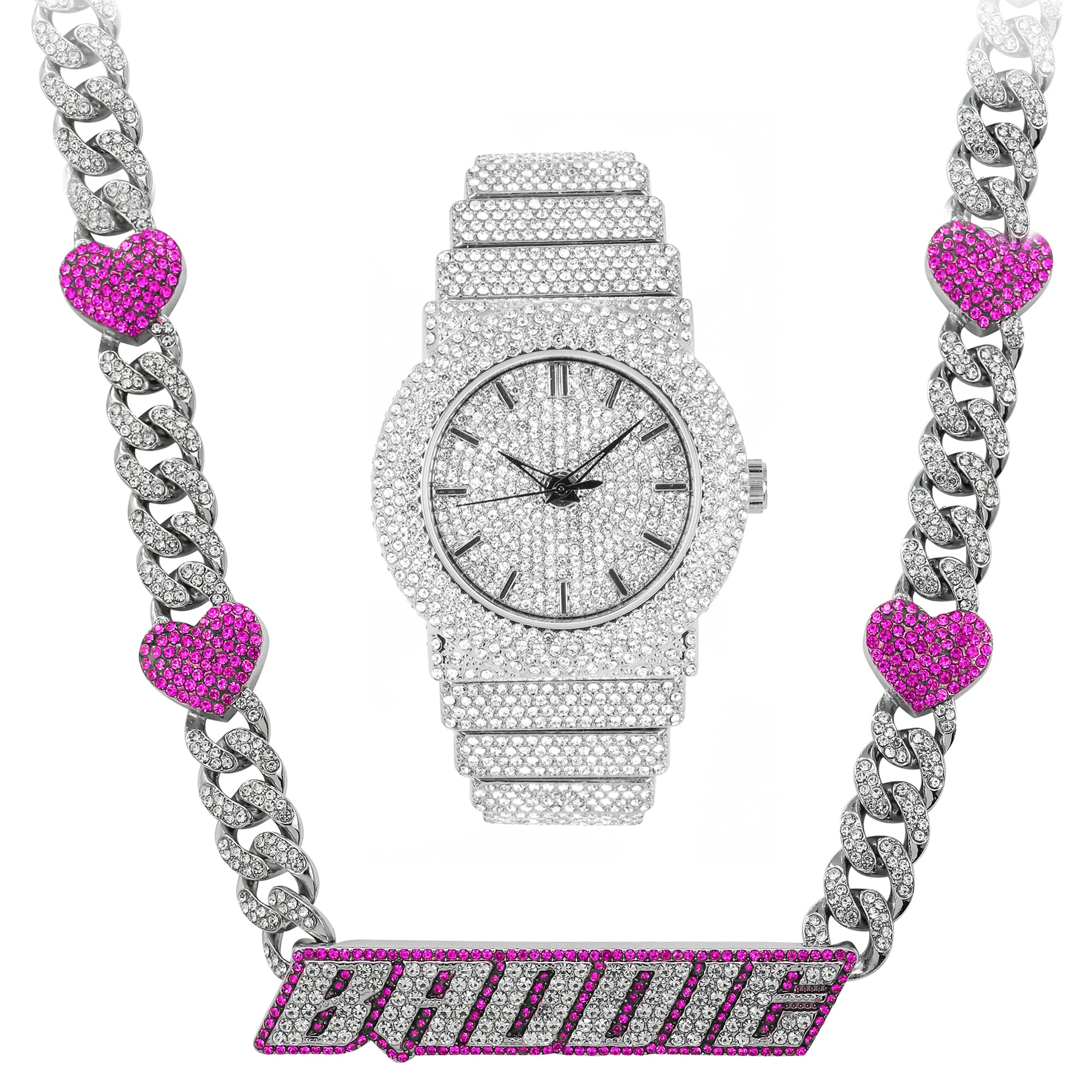 Women’s 40mm Fully Iced Watch & Pink Heart Cuban Choker Set