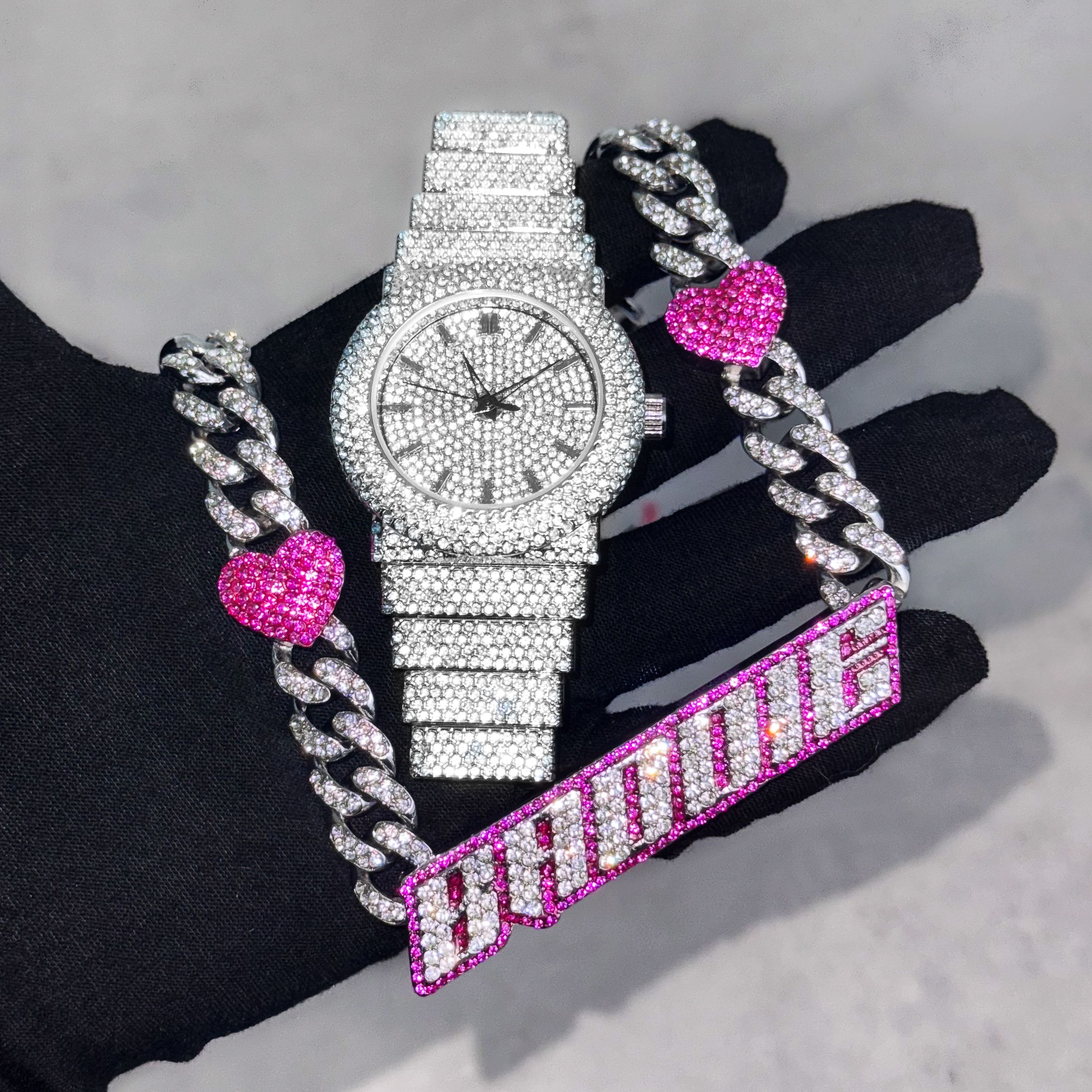 Women’s 40mm Fully Iced Watch & Pink Heart Cuban Choker Set
