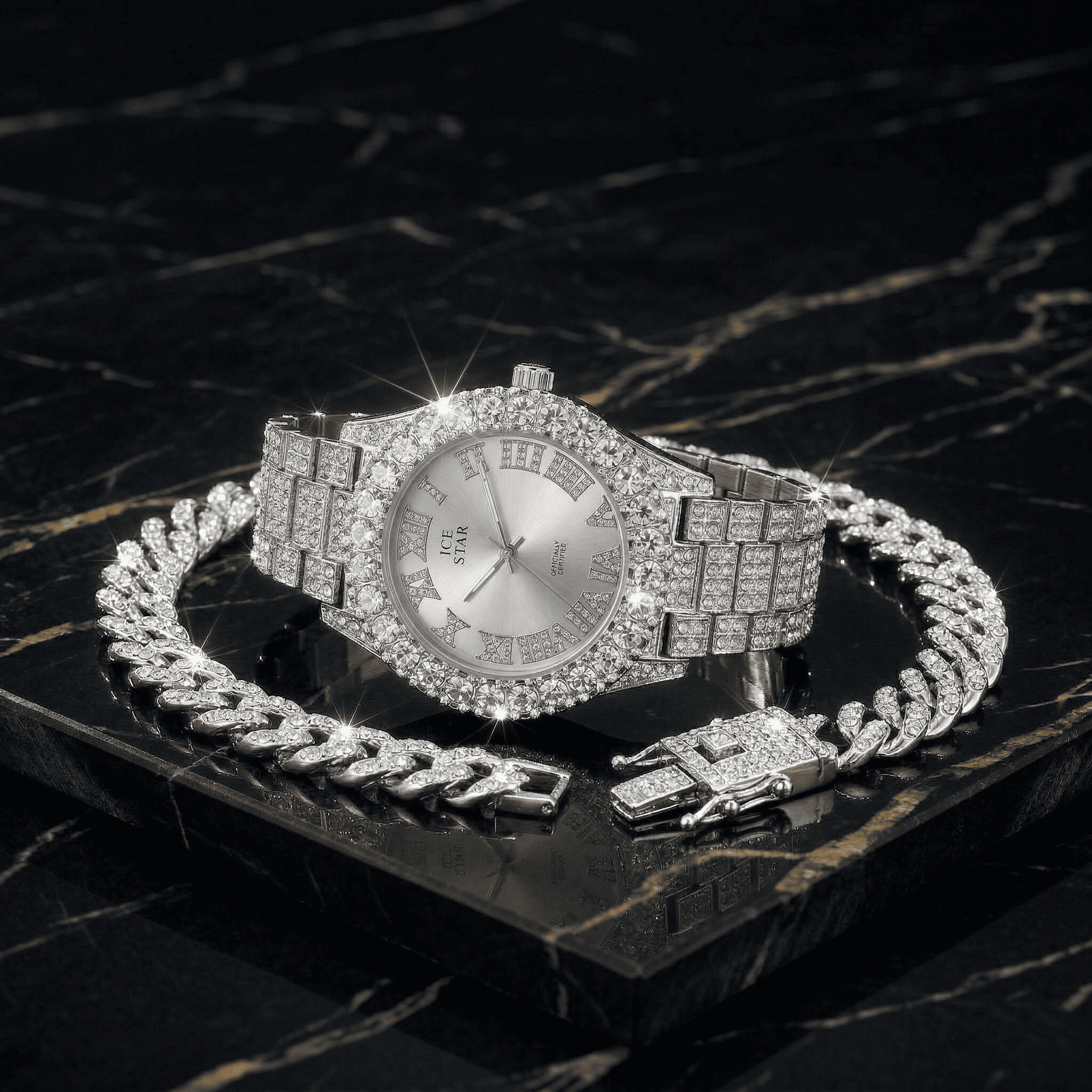 Women's 44mm Iced Out Solitaire Watch and Chain Set