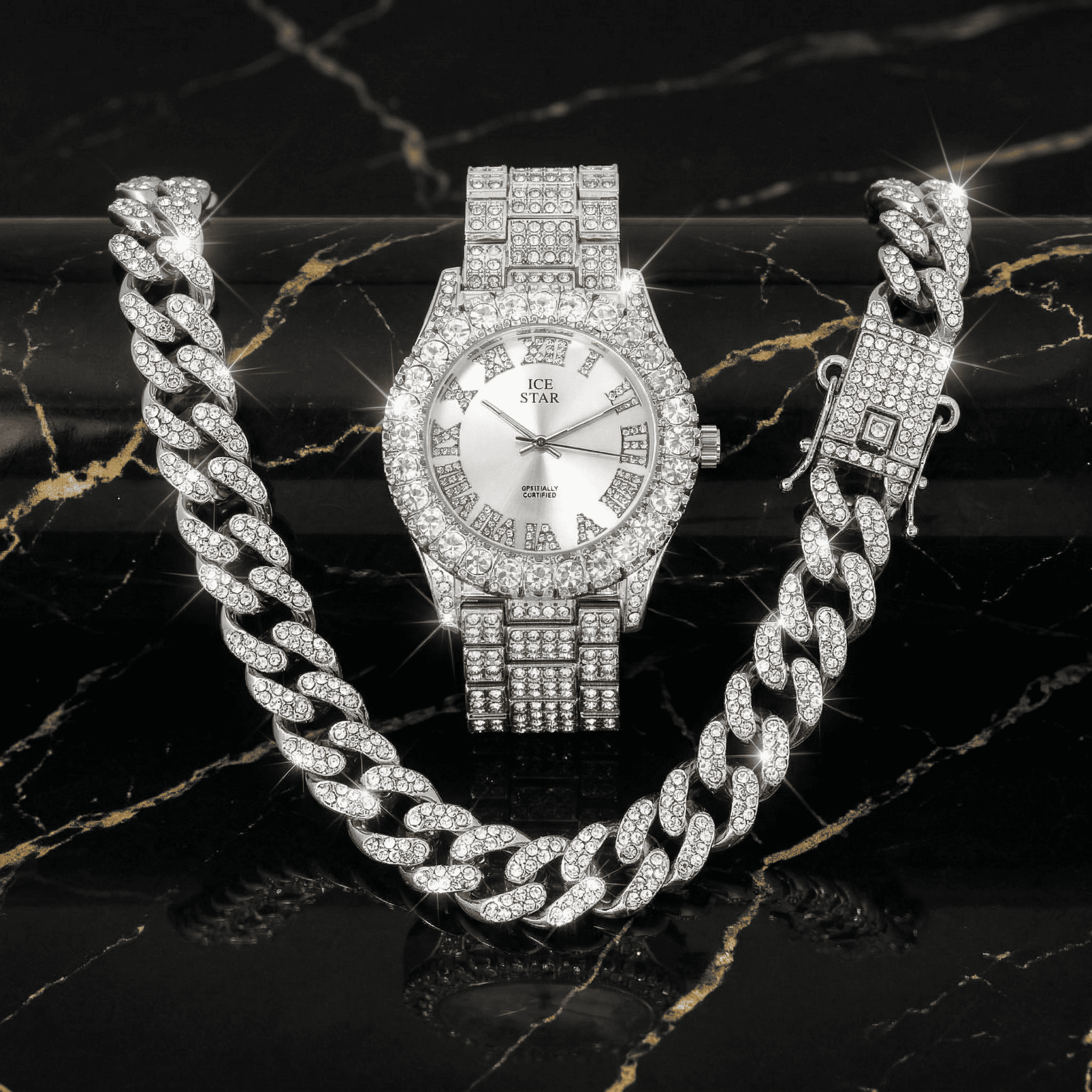 Women's 44mm Iced Out Solitaire Watch and Chain Set